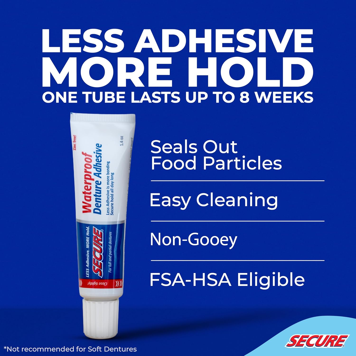 Secure Denture Adhesive Cream, Zinc Free Denture Glue, 1.4 oz | Waterproof Seal - Food Grade Ingredients - Less Adhesive, More Hold - Tube Lasts Up to 8 Weeks - Image 2