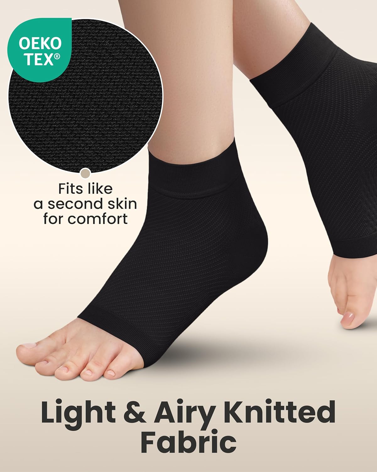 KEMFORD Ankle Compression Sleeve - 1-Pair, Plantar Fasciitis Braces - Open Toe Compression Socks for Swelling, Sprain, Neuropathy, Foot Arch Support for Men and Women - 20-30mmhg, L, Black - Image 4