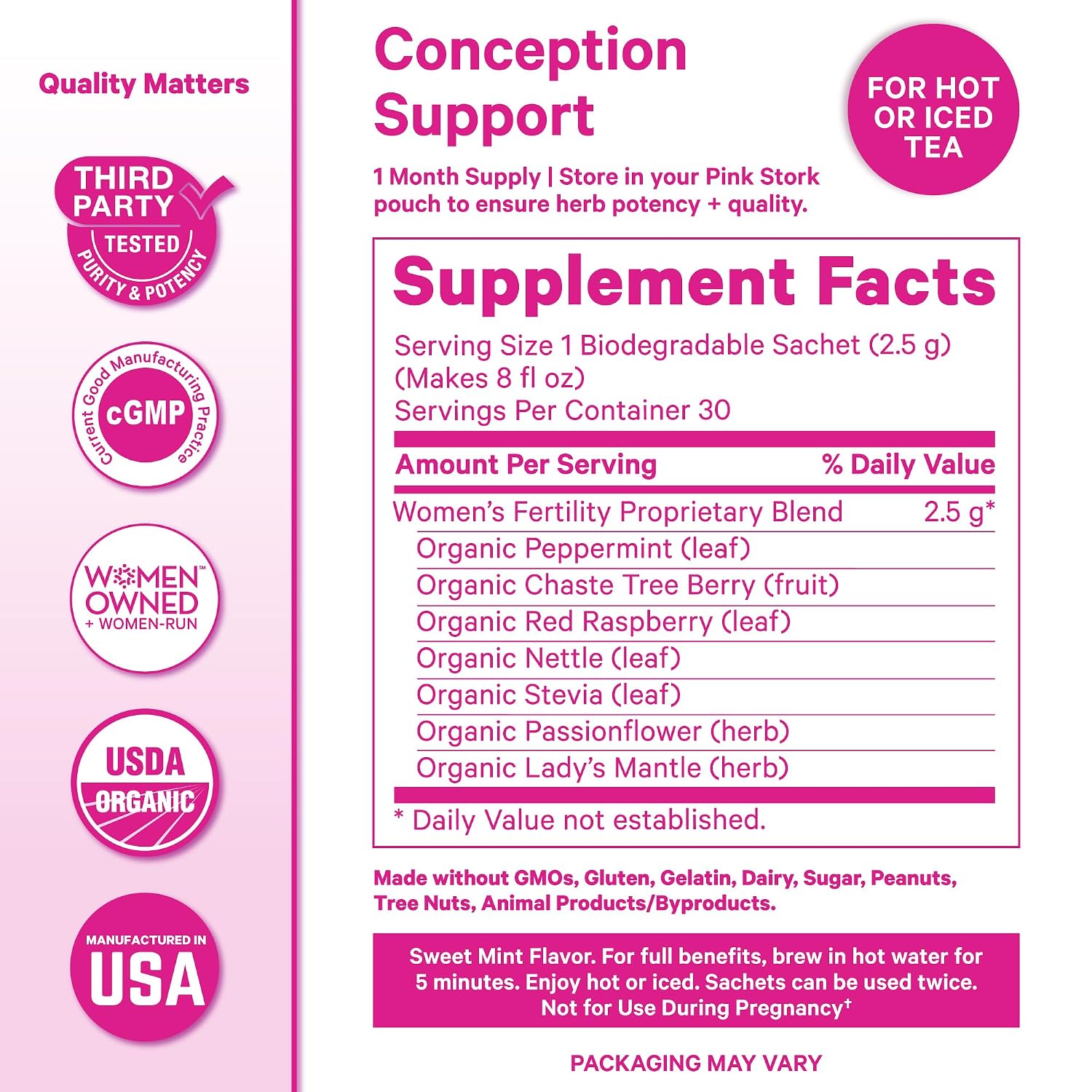 Pink Stork Fertility Tea, Organic Vitex + Cycle Support, Sweet Mint, 15ct | USDA Organic Herbs | Caffeine-Free Conception Tea | Hormone Balance, Cycle Regularity Support | Compostable Sachets | 30 Cups - Image 2
