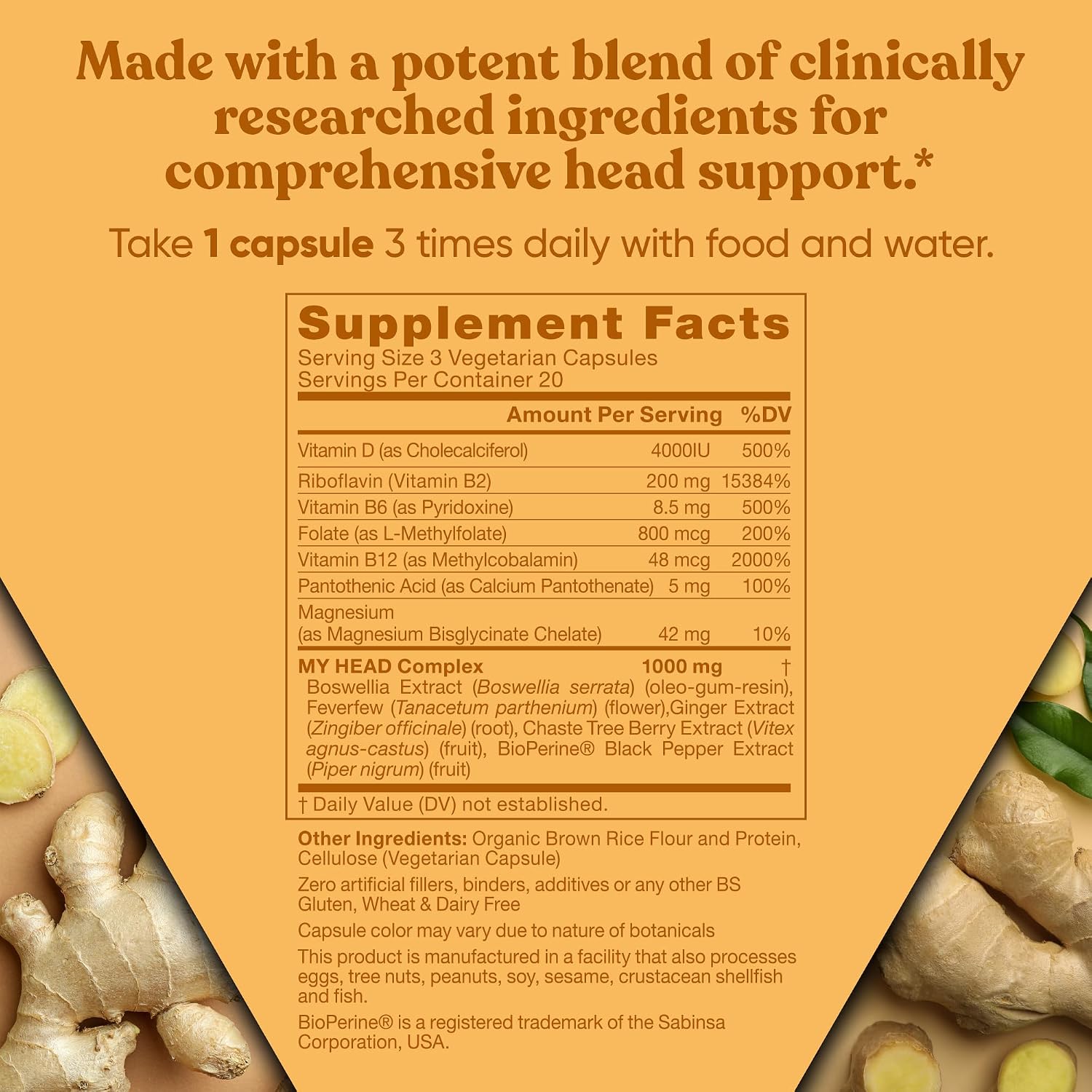 My Head! Headache Vitamins - Sensitivity, Tension, Comfort, Healthy Head Function for A Clear Mind - Fast acting Magnesium, Feverfew, Boswellia, Vitamin D, Ginger, & More - 60 Soft Capsules - Image 6