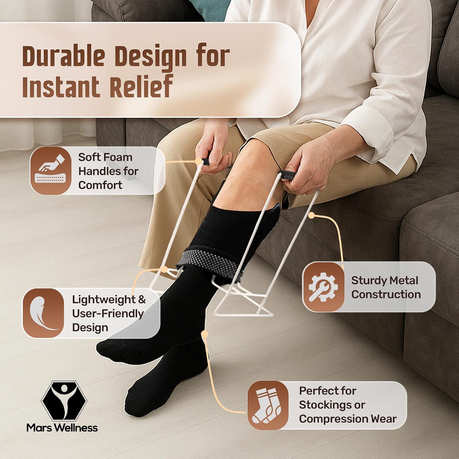 Compression Sock Aid Device for Compression Socks, Stocking Donner Helper | Strong Metal Design with Soft Foam Grips for Women and Men - Easy Use with Stockings and Compression Socks - Regular - Image 4