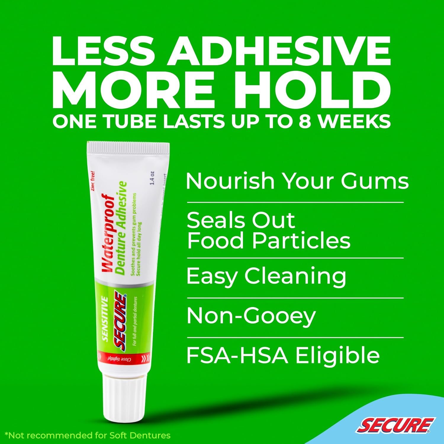Secure Sensitive Denture Adhesive Cream, Zinc Free Denture Glue, 1.4 oz | Aloe Vera & Myrrh to Nourish Your Gums - Uppers, Lowers & Partials - Waterproof & Zinc Free - Less Adhesive, More Hold - Image 2