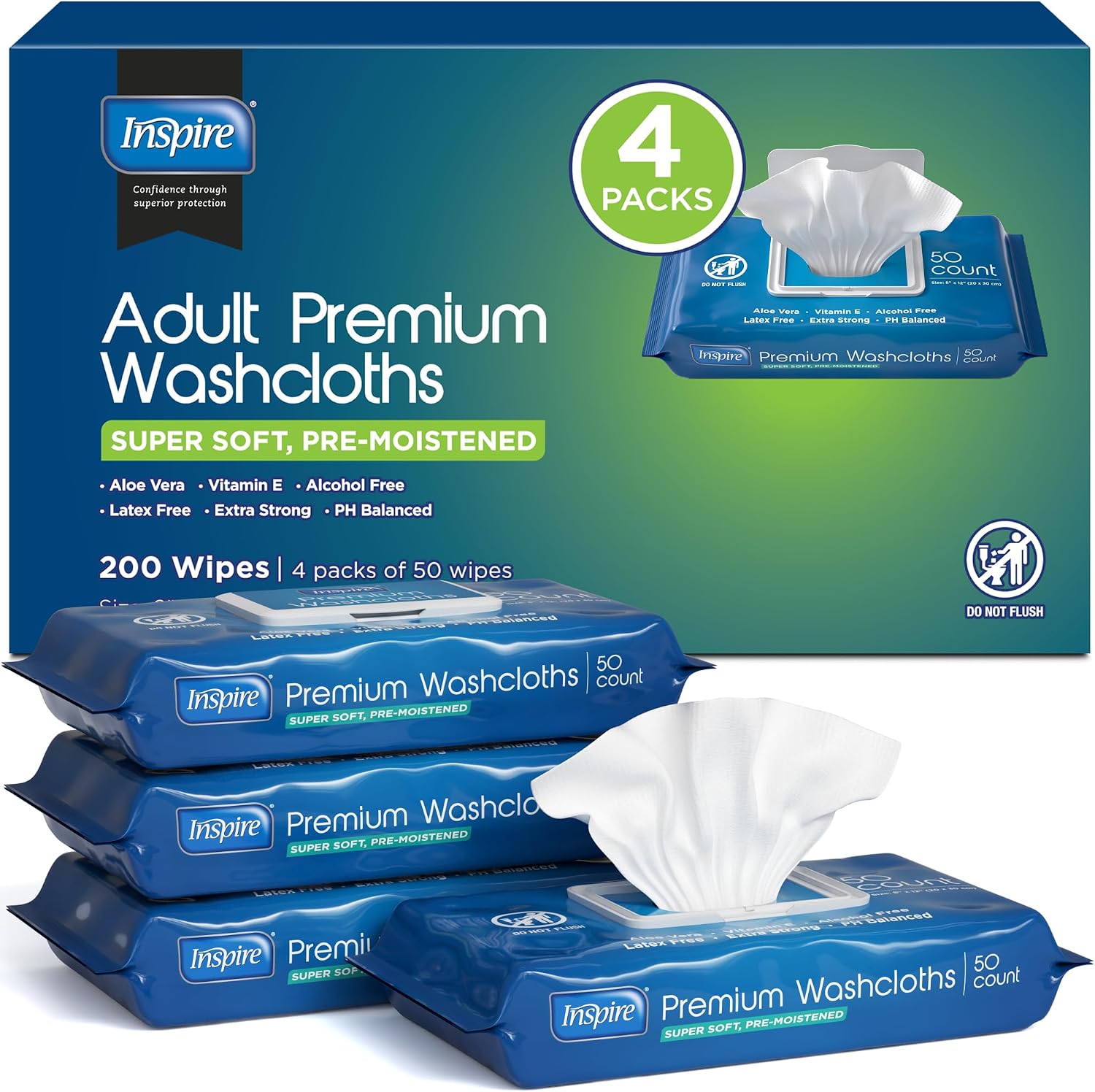 Inspire Adult Wet Wipes, Wash Cloths | Adult Wipes for Incontinence & Cleansing for Elderly, 8"x12" (200 count)