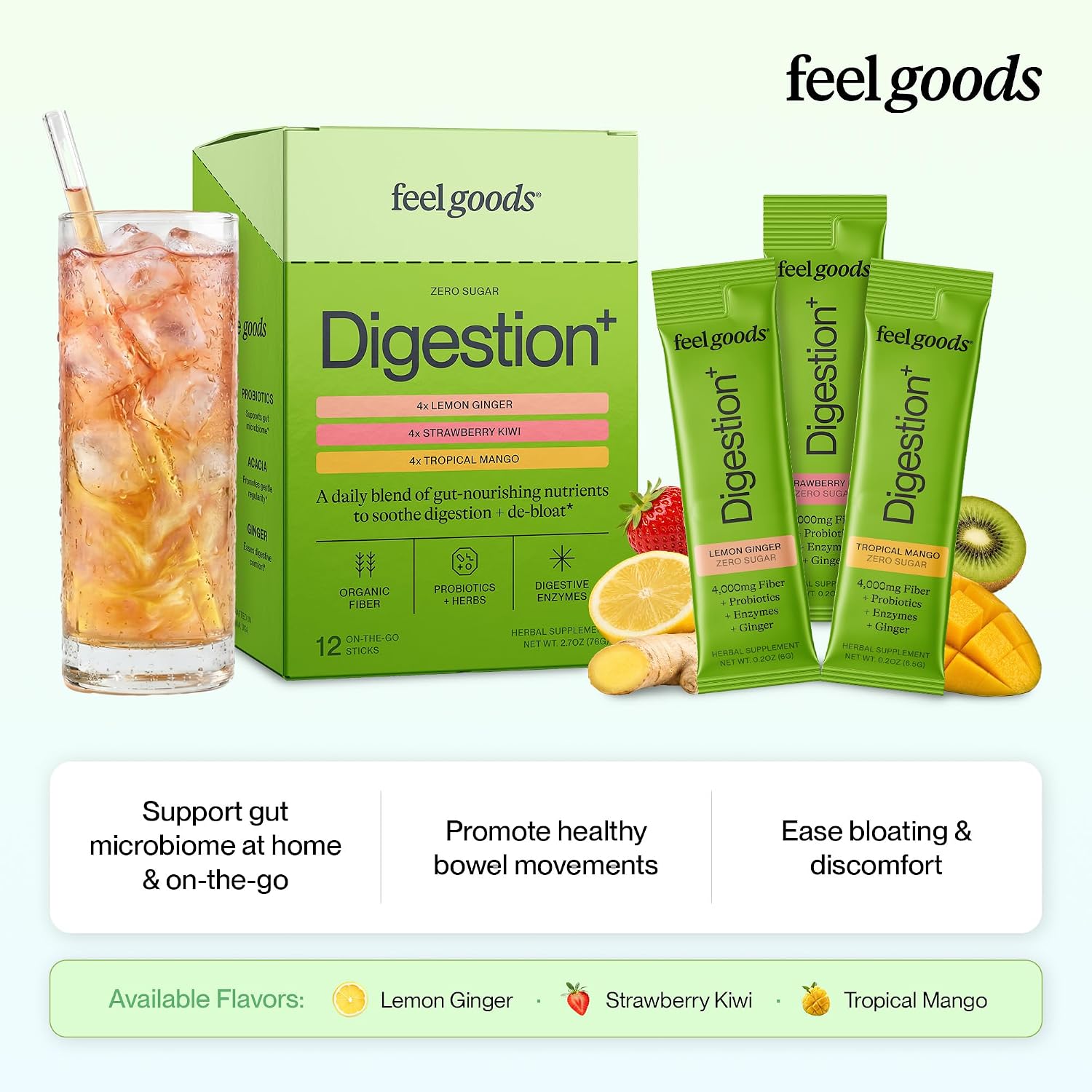 Feel Goods Digestion+ Gut Health Organic Fiber & Probiotic Powder Drink Mix | Digestive Enzymes, Digestion Plus, Bloating Relief, Gut Cleanse, Gut Guardian - Zero Sugar, 12 Variety Stick Packets - Image 2