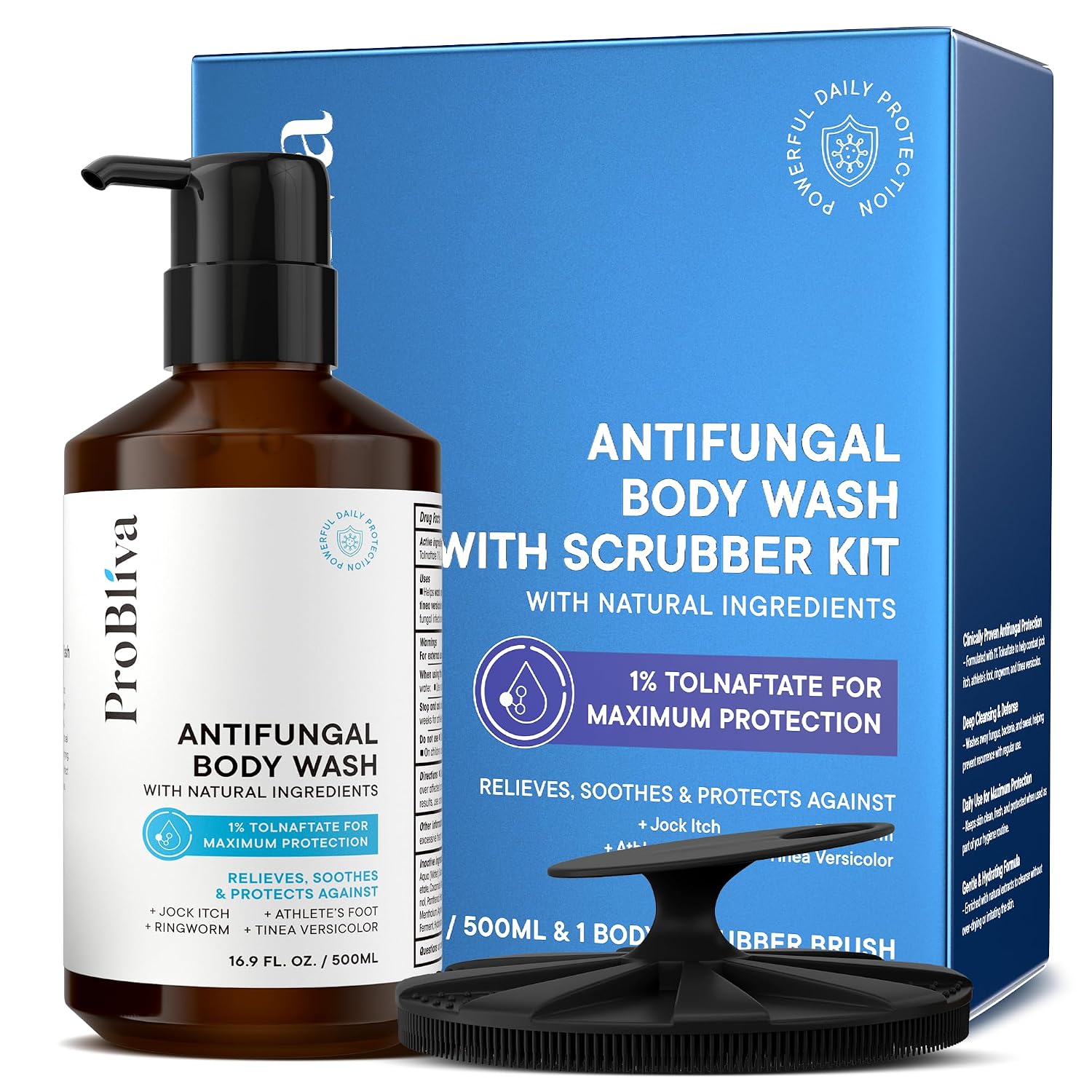 ProBliva Antifungal Body Wash Treatment Soap - Jock Itch, Ringworm, Back Acne, Tinea & Foot Odor – Skin Relief Cleanser Gel with Tea Tree Oil & Tolnaftate for Men and Women (with Brush Kit)