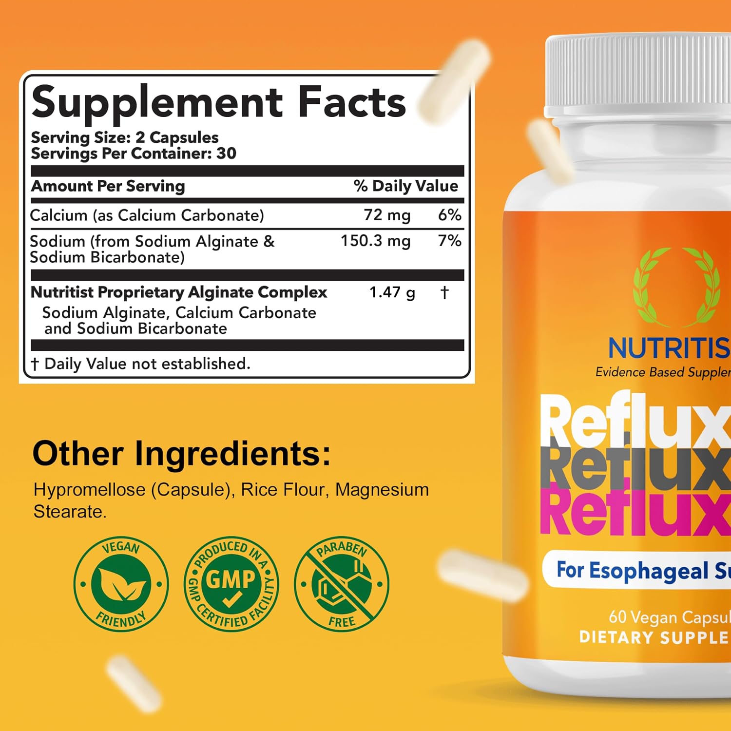 Refluxter Sodium Alginate Capsules 1000+ mg for Acid Reflux LPR & GERD | Natural alginate raft for heartburn, silent reflux & nighttime acid. Vegan supplement, 60 capsules, no aluminum or sugar - Image 2