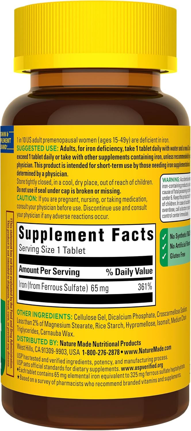 Nature Made Iron 65 mg (325 mg Ferrous Sulfate) Tablets, 180 Tablets | Iron Supplements for Men and Women with an Iron Deficiency, Dietary Supplement for Red Blood Cell Support, 180 Day Supply - Image 8