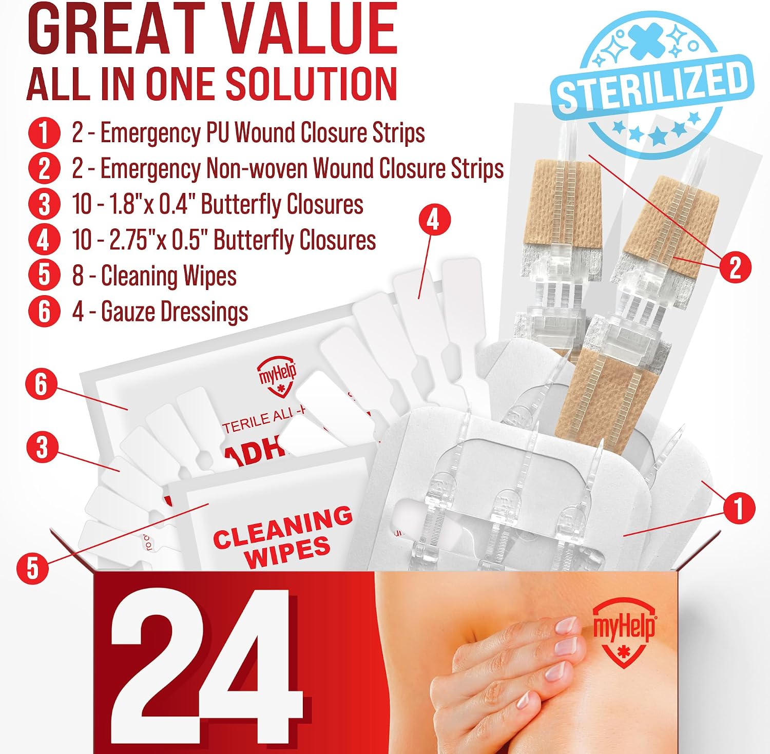 Wound Closure Strips - 24pk/3 Types - Butterfly Bandages for First Aid Kit | Emergency Sterile Laceration Kit - Stitchless & Easy to Use - Perfect for Quick Stop Bleeding and Painless Wound Closing - Image 7