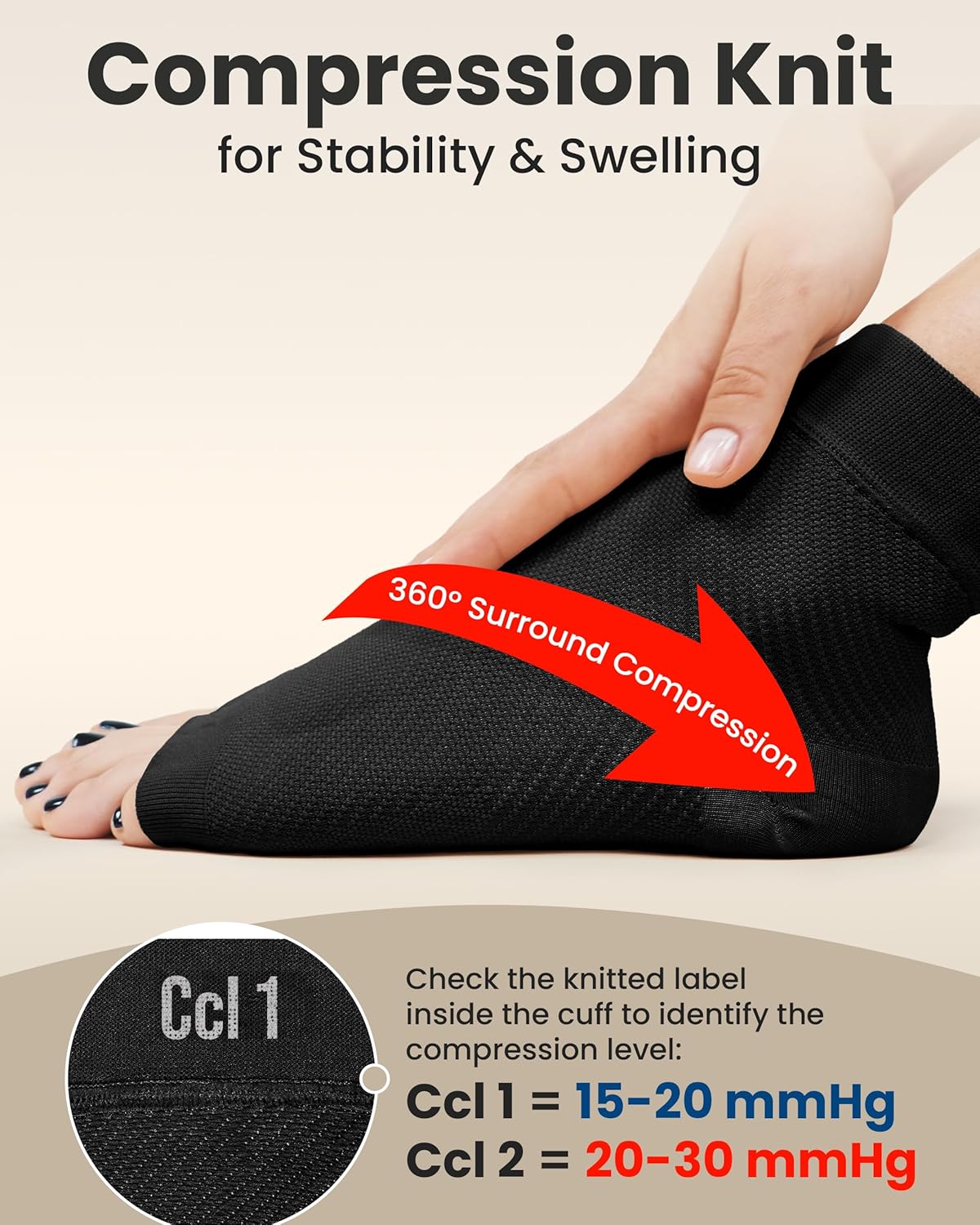 KEMFORD Ankle Compression Sleeve - 1-Pair, Plantar Fasciitis Braces - Open Toe Compression Socks for Swelling, Sprain, Neuropathy, Foot Arch Support for Men and Women - 20-30mmhg, L, Black - Image 5