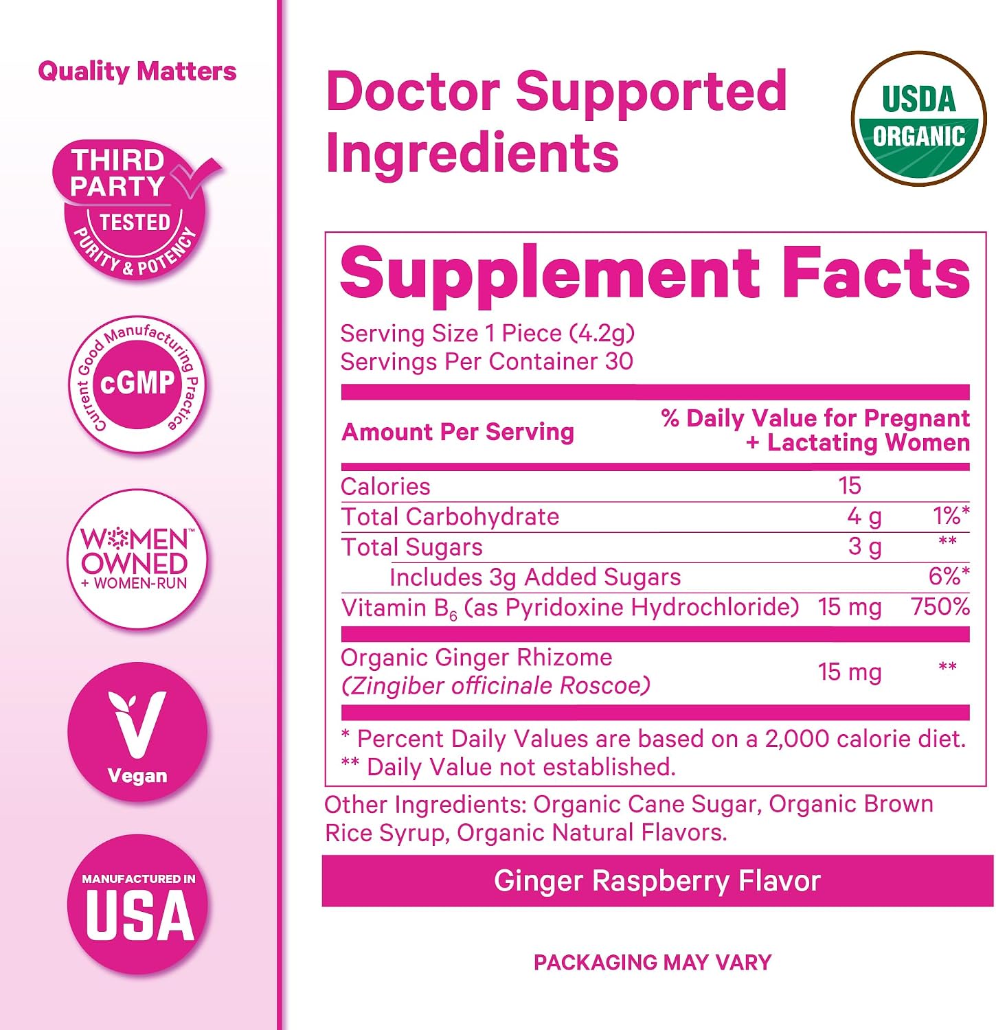 Pink Stork Morning Sickness Sweets Organic Raspberry Ginger, 30 Count | USDA Organic Ginger + Vitamin B6, Motion Sickness Support, Digestive Comfort + Heartburn Support, 30 Wrapped Drops - Image 6