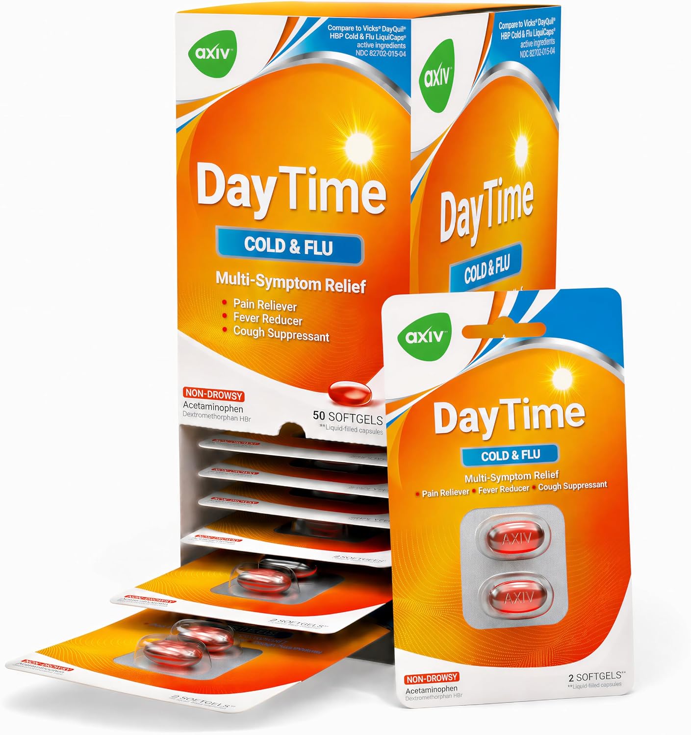AXIV Daytime Multi-Symptom Cold and Flu Relief Softgels, Non-Drowsy Cold Medicine, Relief of Sore Throat, Minor Aches and Pains, Fever, Cough, 25 Blister Packs, 2 Softgels Each, 50 Total Count
