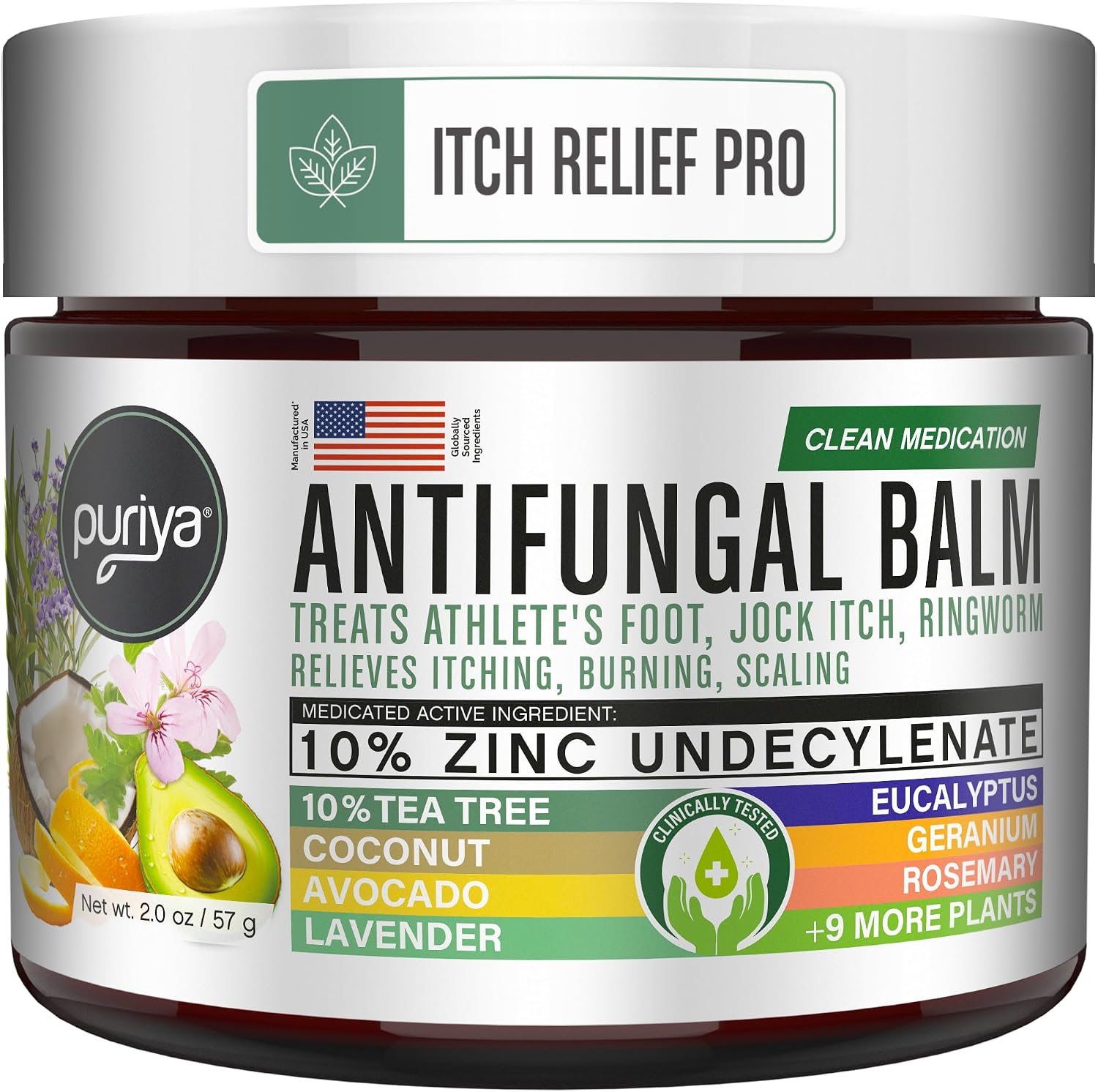 Puriya Antifungal Balm, Athlete's Foot, Jock Itch, Ringworm Treatment, 2 oz | Clinically Proven, Concentrated, Antifungal Cream, Relieves Itching, Burning, Cracking, Treats & Hydrates Skin, Plant-Powered