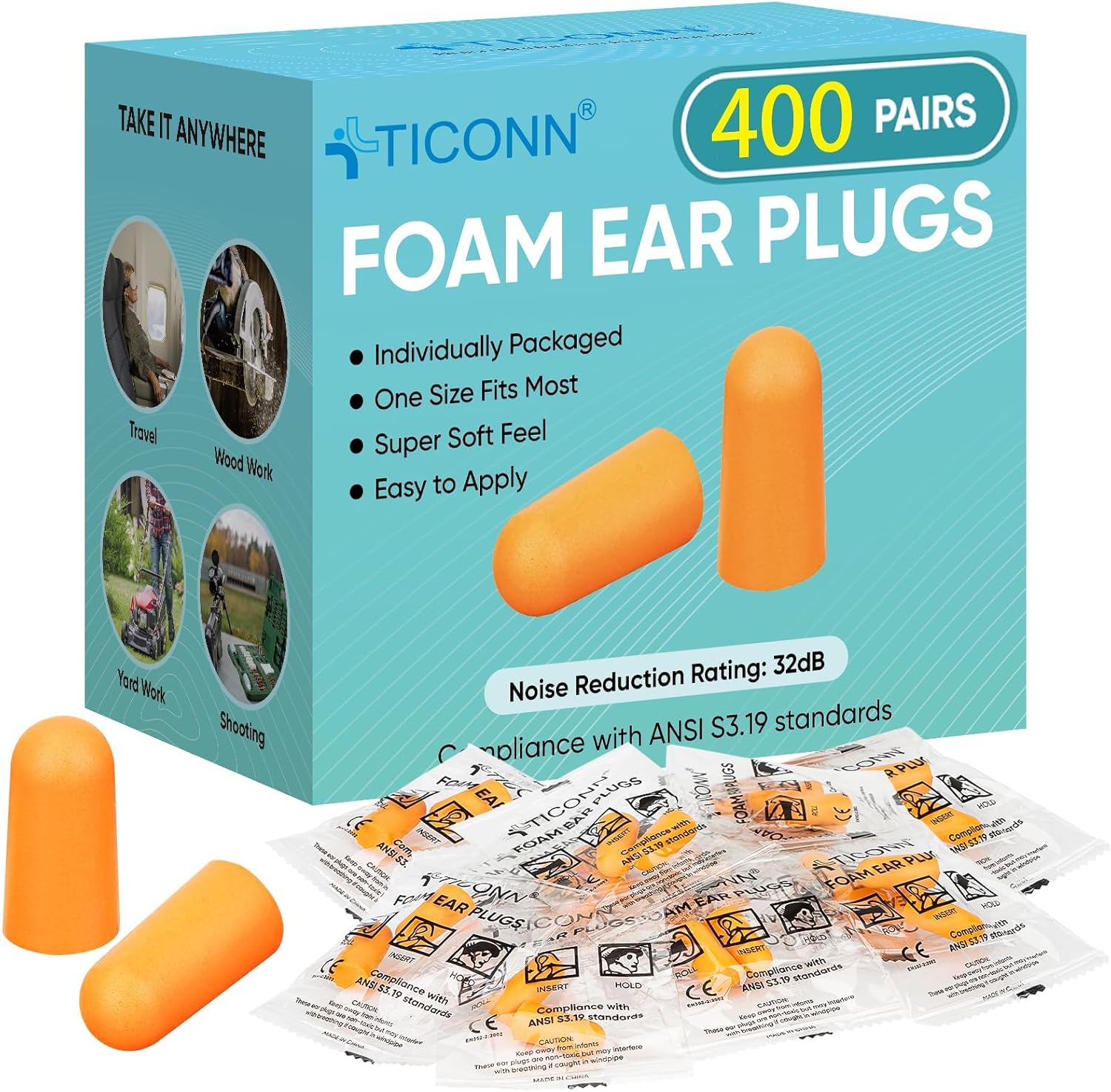 TICONN 400 Pairs Foam Ear Plugs, Hunting Earplugs Individually Wrapped 32dB NRR Noise Reduction Ear Plugs for Sleeping Fishing Passive Hearing Protection Travel Study Concentration (400 Pairs)