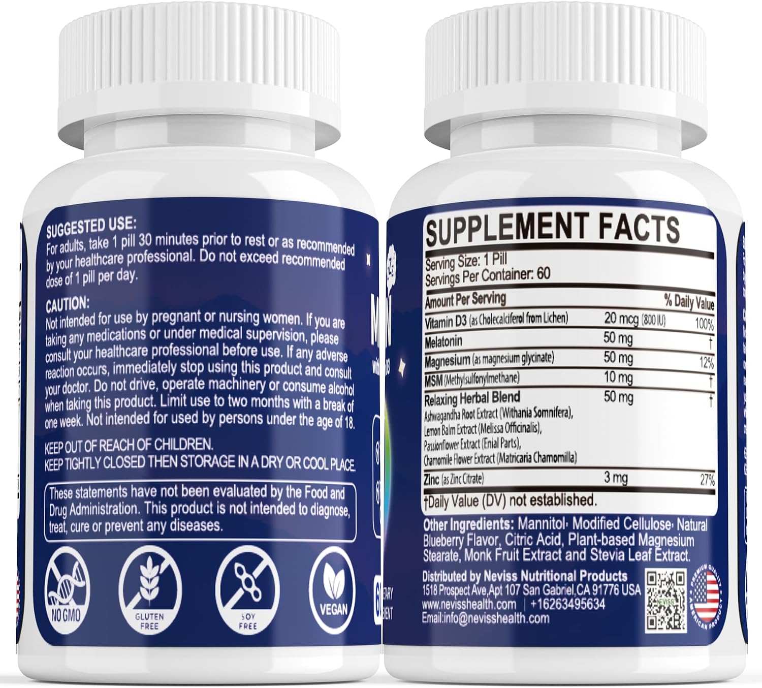 NEVISS Melatonin 50 mg for Adults - Extra Strength 9-in-1 Fast Dissolve Sublingual - High Dose with Magnesium Glycinate, Vitamin D3, Ashwagandha, Lemon Balm, Chamomile, Sugar Free,Vegan 120 Tablets - Image 9