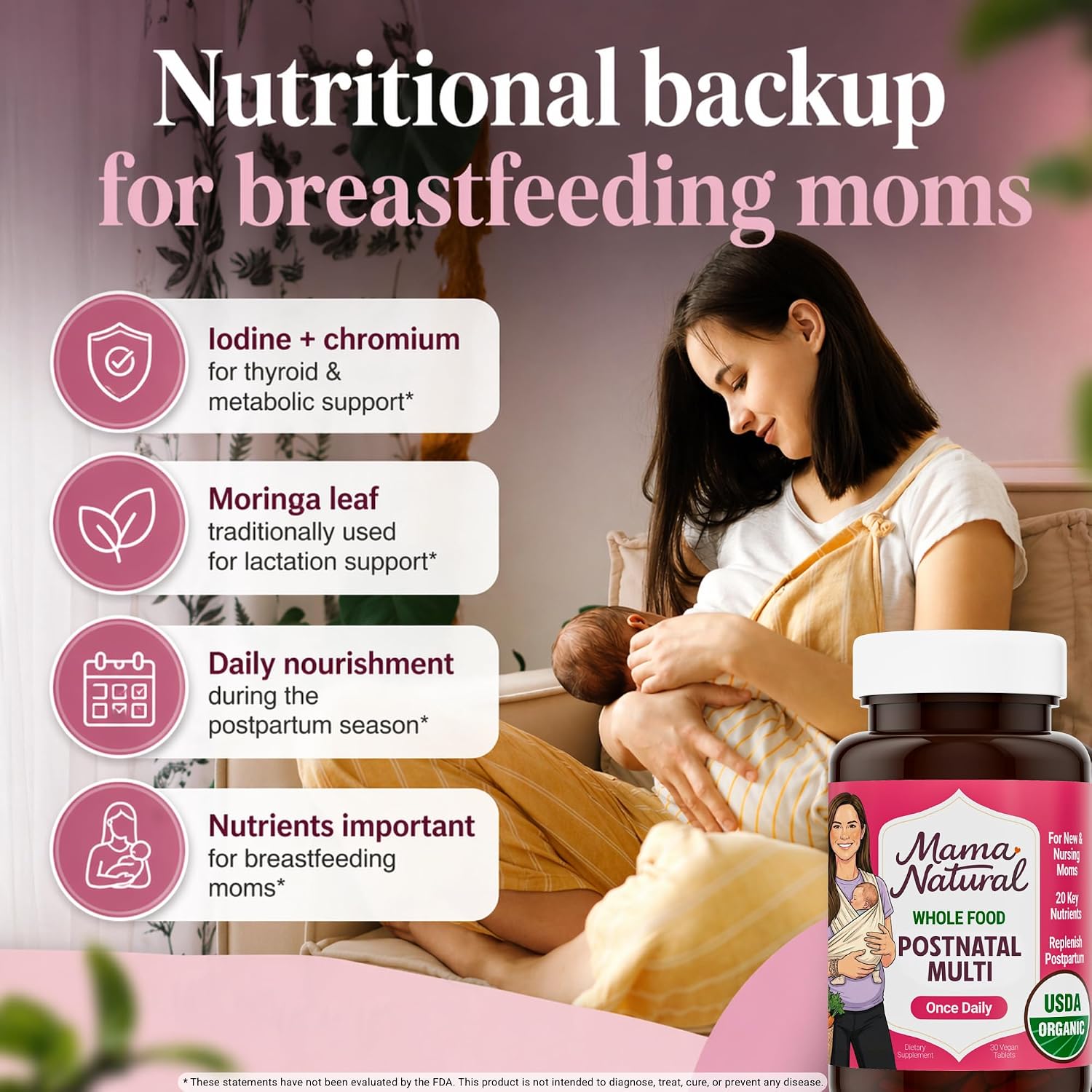 Mama Natural Organic Postnatal Vitamins for Women | One A Day Whole Food Postnatal Multivitamin for Breastfeeding & Postpartum Support | Non-GMO with Iron, Iodine & Moringa | 30 Servings - Image 7
