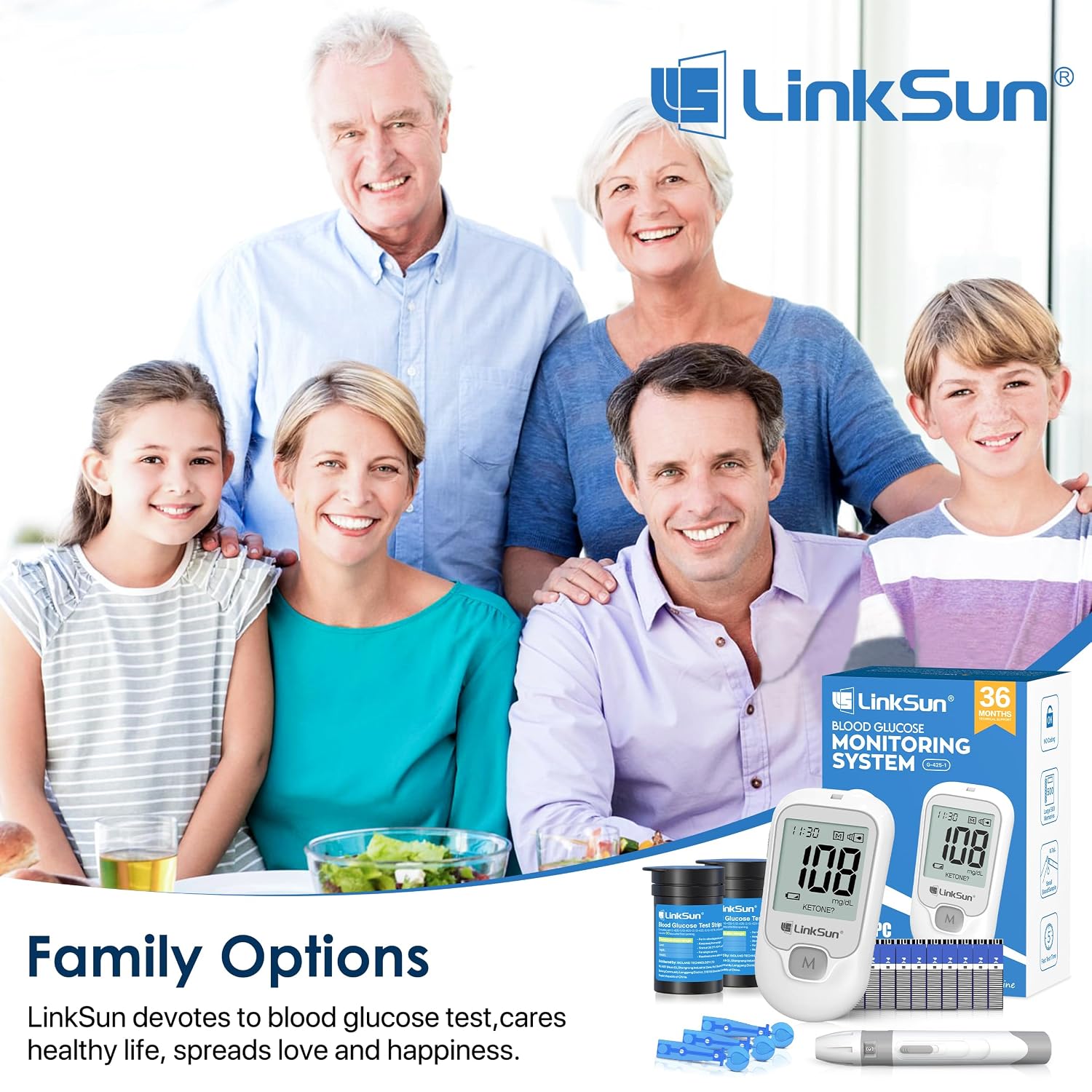 LinkSun G-425-1 Glucose Monitor Kit, 100 Strips & Lancets for Diabetes | 1 Control Solution, 1 Lancing Device & Large Display Blood Sugar Testing Kit for Seniors, Easy-to-Use Glucometer for Home Use - Image 6