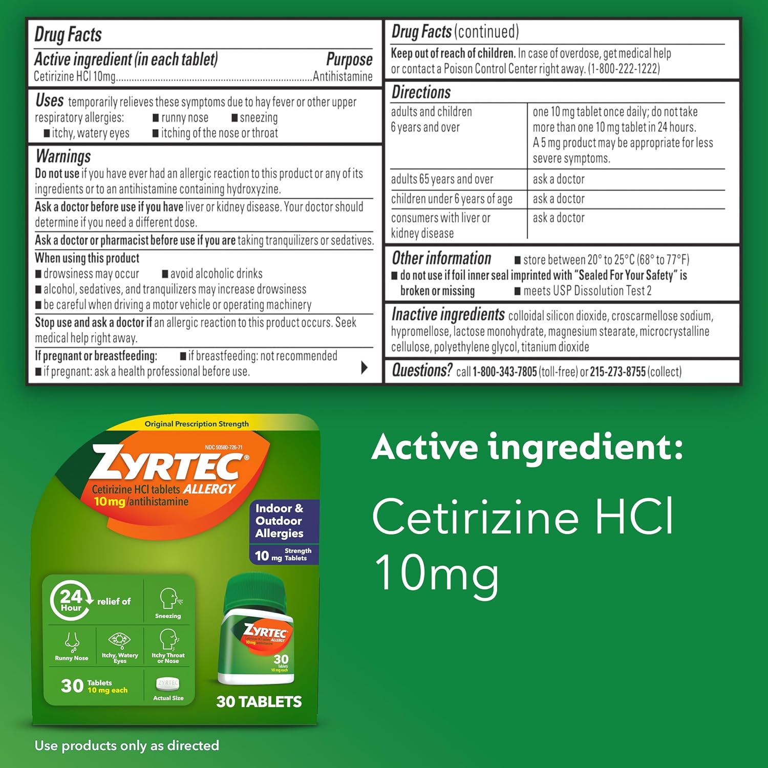 Zyrtec 24-Hour Allergy Relief Tablets, 30-Ct Size Plus 3x1-Count Packs | 10 mg Cetirizine HCl, Allergy Medicine, For Symptoms like Runny Nose, Sneezing, Itchy & Watery Eyes & Itchy Nose or Throat - Image 8