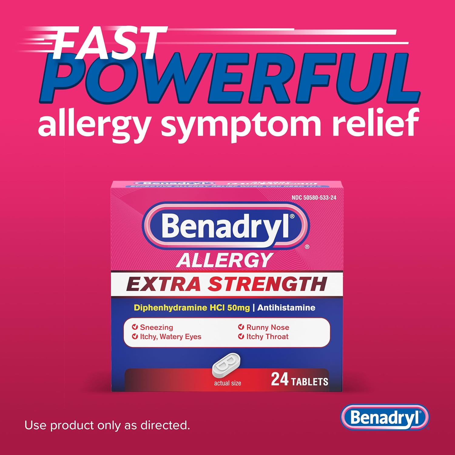 Benadryl Extra Strength Allergy Tablets, 50 mg Diphenhydramine HCl, 24 Ct | Antihistamine Tablets for Allergy Relief of Allergy Symptoms Due to Hay Fever or Other Upper Respiratory Allergies - Image 5