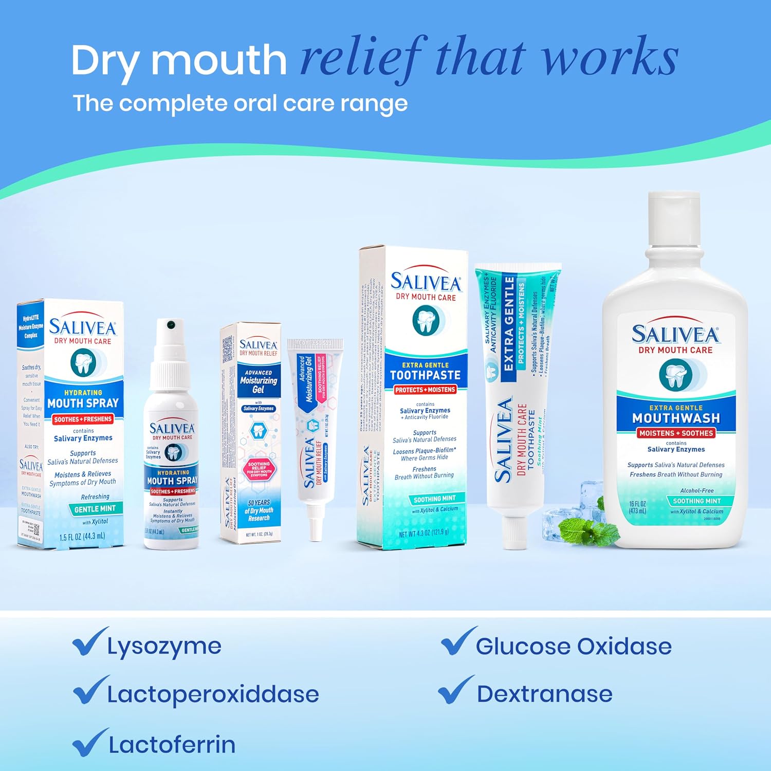 SALIVEA Soothing Dry Mouth Relief Gel Saliva Substitute 1 oz Tube Pack of 1 | Six natural salivary enzymes and advanced hydrating agents, alcohol free non irritating gentle comfort for oral dryness - Image 5