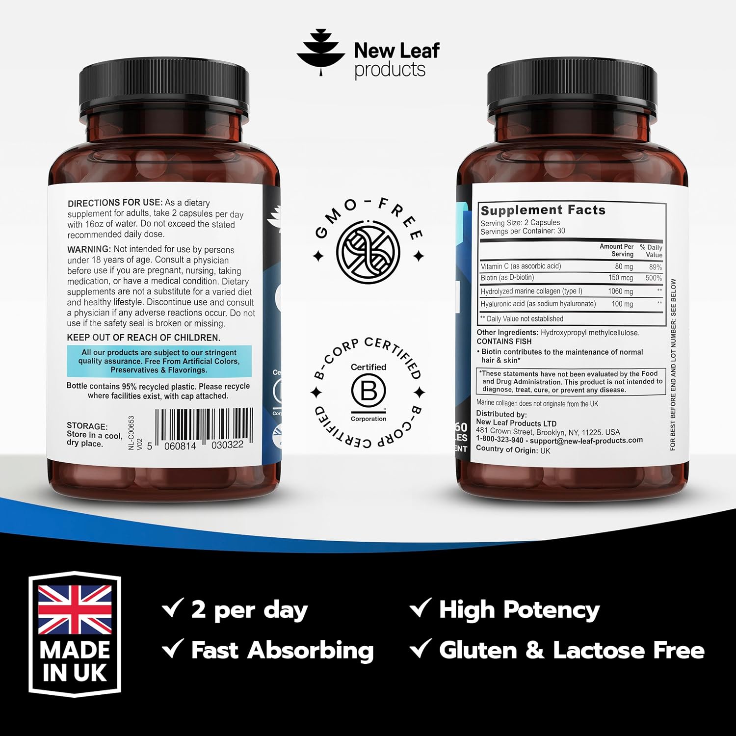 Pure Marine Collagen Supplements for Women & Men - with Hyaluronic Acid, Vitamin C & Biotin - Collagen Peptides Hydrolyzed Collagen for Hair Skin & Nails - 60 Capsules by New Leaf UK Made - Image 8