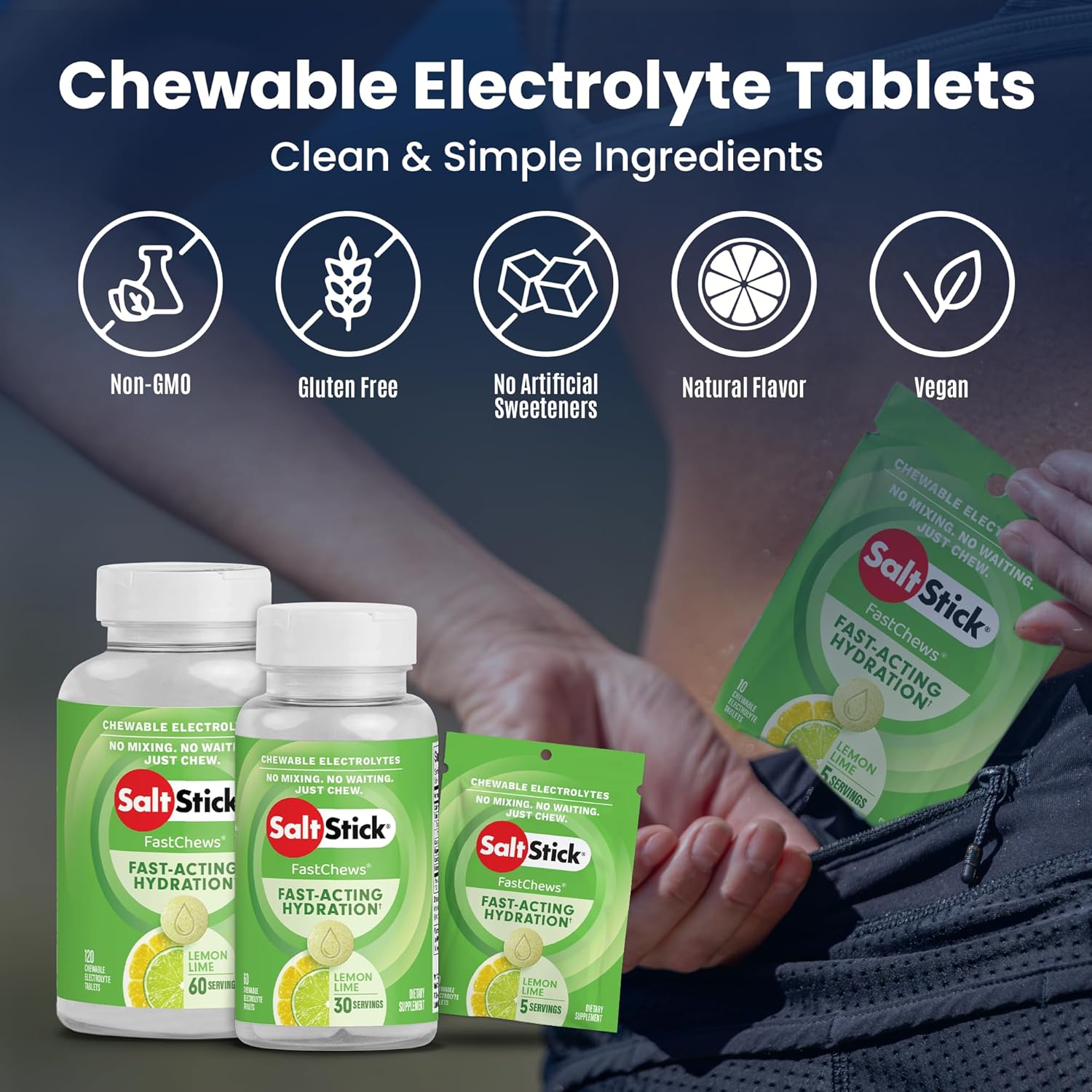 SaltStick Electrolyte FastChews Lemon Lime - 120 Chewable Tablets | Chewable electrolyte tablets that start working in 45 seconds. No mixing or waiting—just chew for hydration on the go. - Image 4
