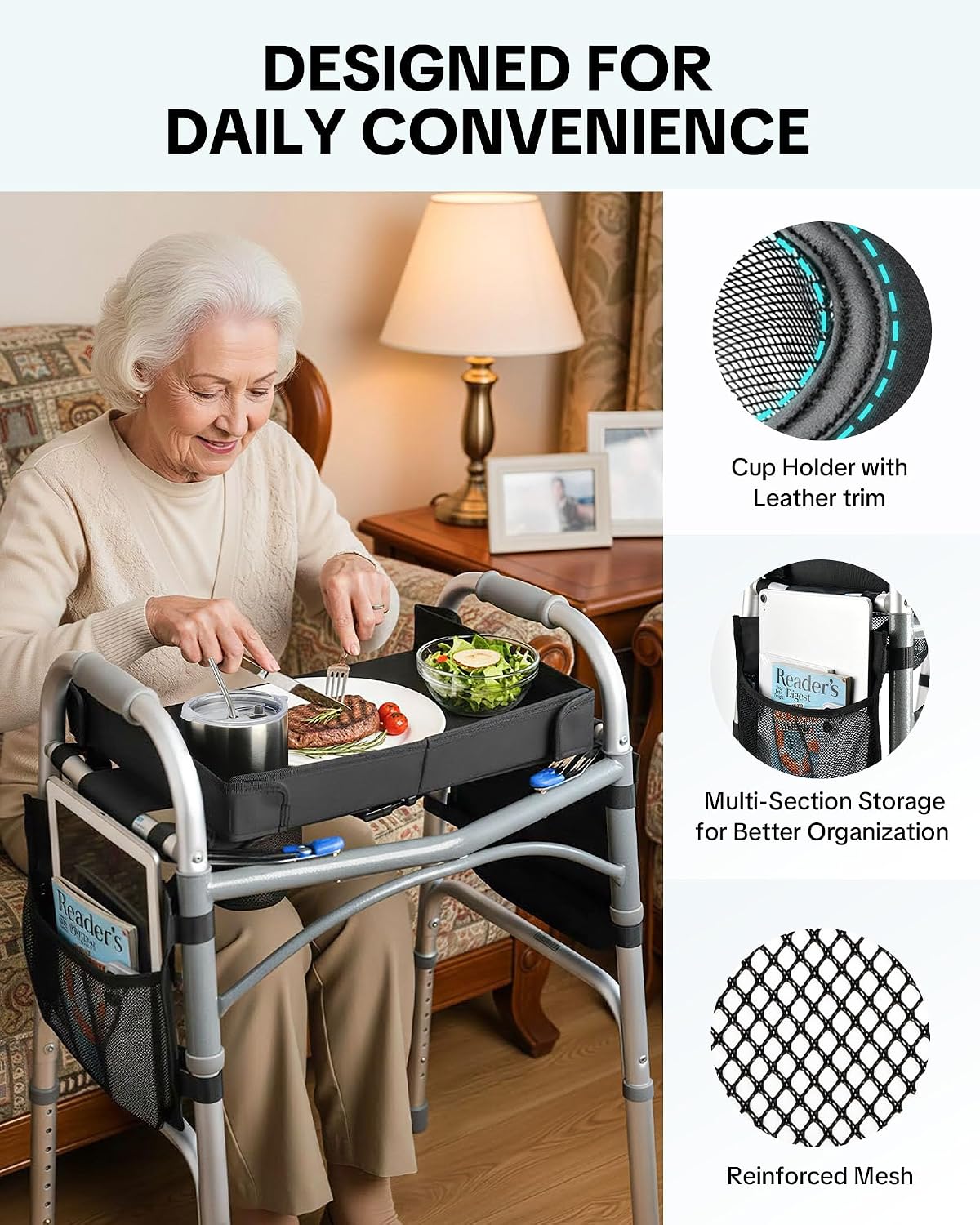 Walker Tray for Folding Walker, Side Pockets & Cup Holder | Fits 17–19" Folding Walkers with Side Bars, Easy Install, Adjustable Straps, Spill-Resistant Surface, Lightweight for Seniors - Image 5