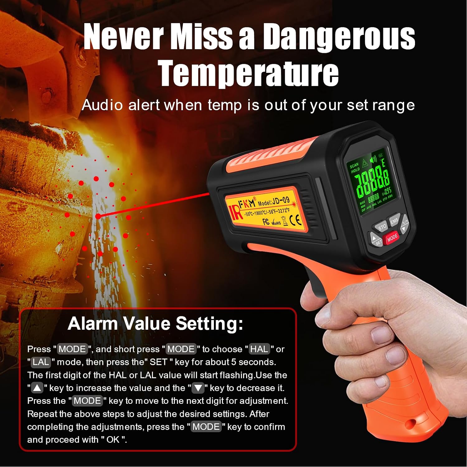 -58°F ~3272°F FKM Infrared Thermometer High Temperature Gun 50:1 Ratio | Digital IR Temp Gun,High Precision-Laser Thermometer Gun for Cooking,Kilns,Forges,Engine,HVAC,Industrial and Home Repair - Image 5