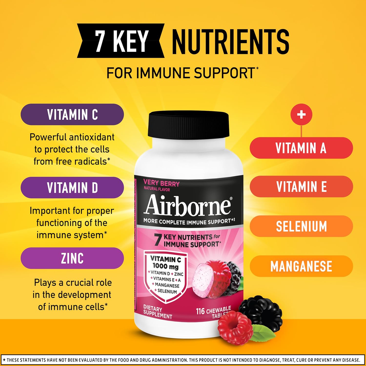 Airborne Very Berry Chewable Tablets, 116ct | Immune Support Supplement with 1000mg Vitamin C + Vitamins A, D, E, Zinc,Selenium, & Manganese | Herbal Blend | Gluten Free | Antioxidants Vitamins A, D & E + Zinc, Selenium, and Manganese, Herbal Blend, Multivitamin Supplements, Immune Health, Tasty - Image 3