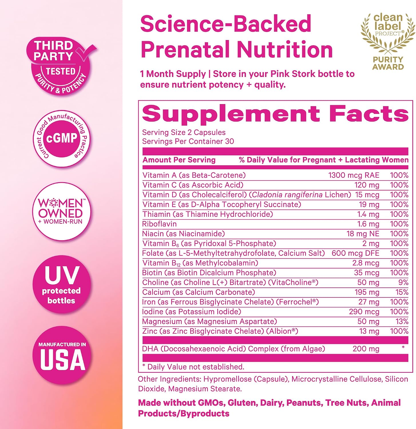 Pink Stork Total Prenatal + DHA, Vegan, No Fishy Burps, 60 Count, Berry | Methylfolate, Vegan DHA, Non-Constipating Iron, Choline, Vitamin B12 | Clean Label Purity Award, Made in USA - Image 6