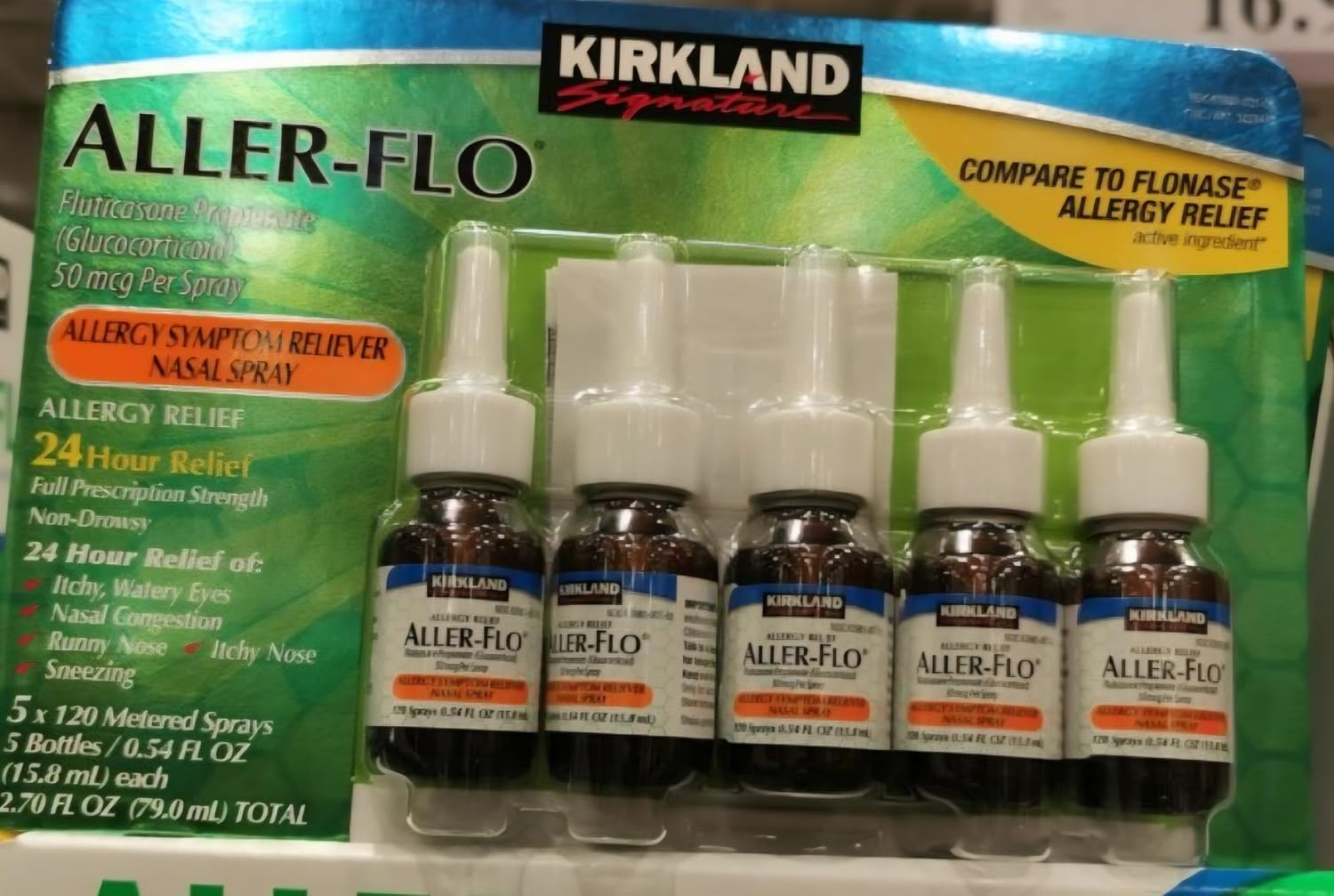 Kirkland Signature Aller-Flo Fluticasone Propionate (Glucorticoid) 5 Bottles x 120 Metered Sprays 0.54 Fl OZ per Bottle (15.8 mL x 5) 2.70 OZ Total (79 mL Total) 600 Total Sprays Total, 1-Pack - Image 3