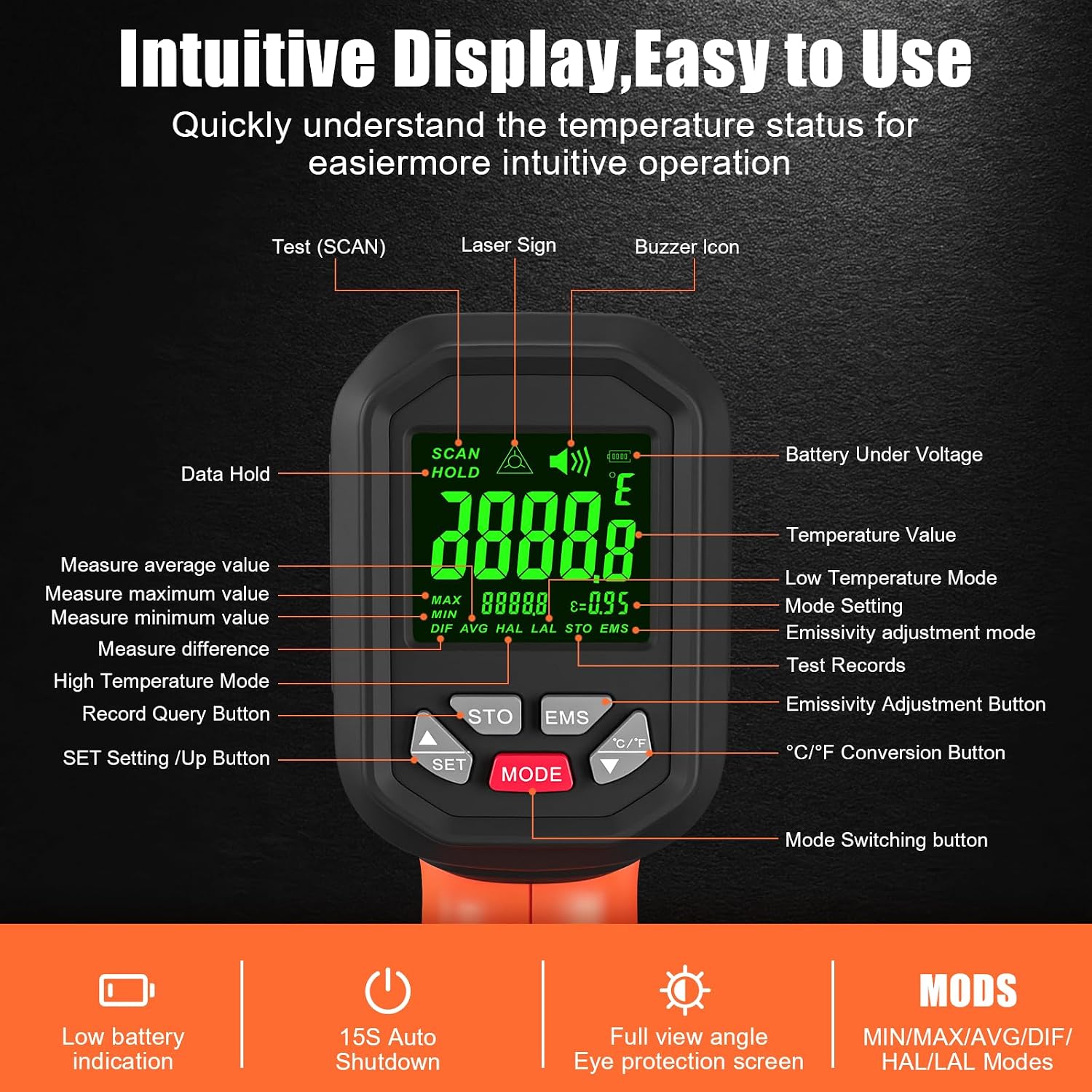 -58°F ~3272°F FKM Infrared Thermometer High Temperature Gun 50:1 Ratio | Digital IR Temp Gun,High Precision-Laser Thermometer Gun for Cooking,Kilns,Forges,Engine,HVAC,Industrial and Home Repair - Image 8