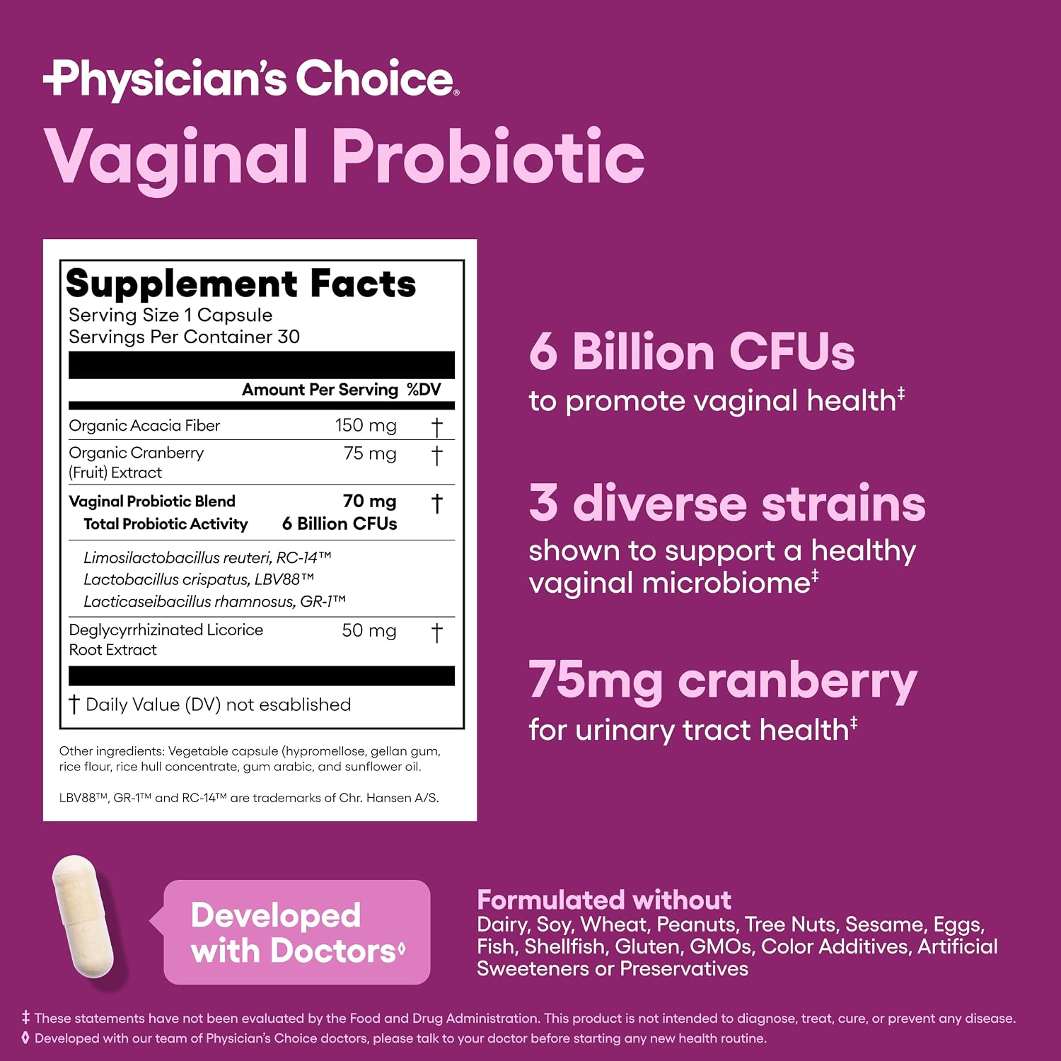 Physician's CHOICE Vaginal Probiotics for Women, pH Balance & Odor, 30ct | Supports Odor Control, Vaginal Flora, Yeast Balance & Feminine Health, 6B CFU, Organic Prebiotics, Cranberry Extract - Image 6