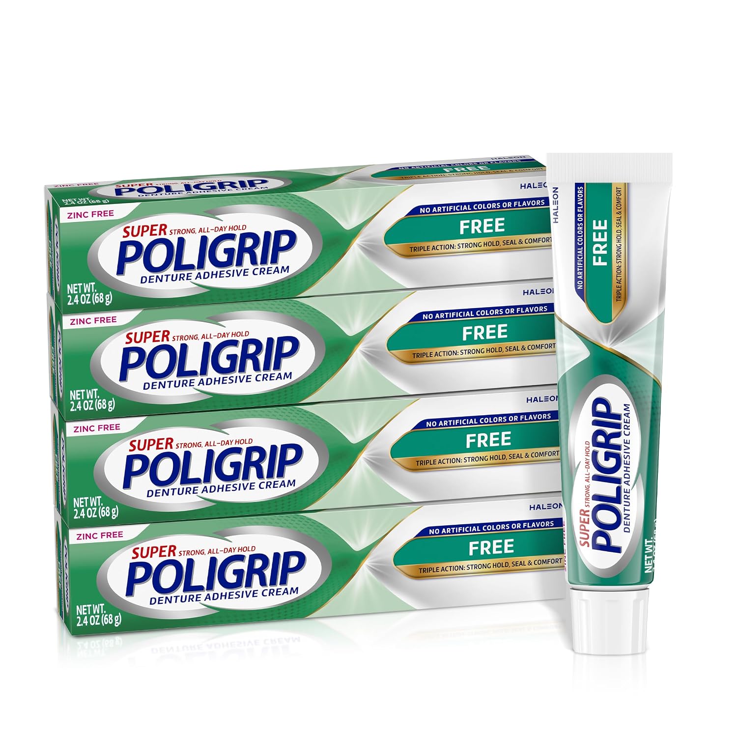 Poligrip Free Denture Adhesive Cream, Strong All Day Hold, Food Seal, Comfort, Clinically Proven, Flavor Free, Zinc Free, 2.4 Oz, 4 Count