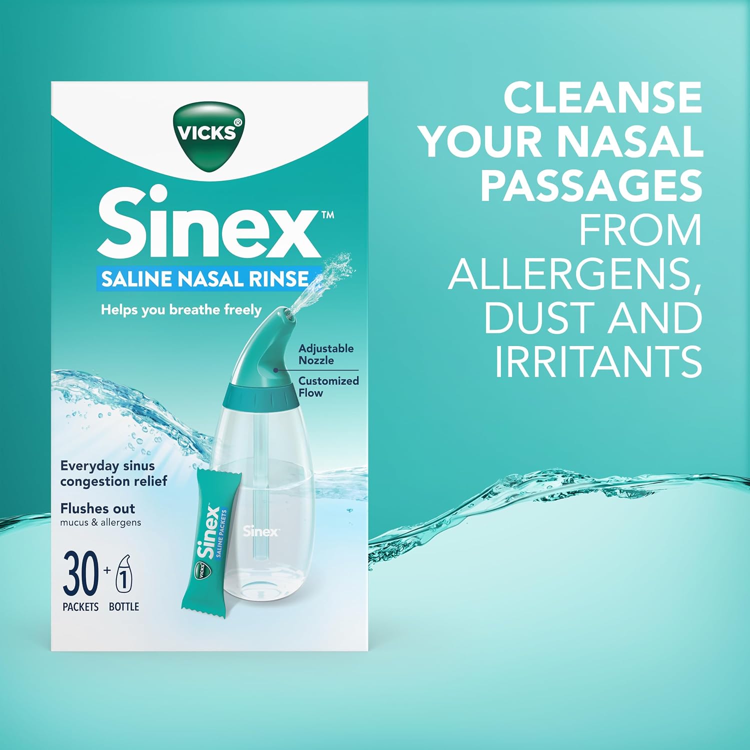Vicks Sinex Saline Nasal Rinse Starter Kit, Drug Free Saline, Flush Out Mucus and Allergens, Fast & Effective Relief for Everyday Congestion from Sinus & Allergy, 1 Bottle + 30 Refill Packets - Image 6