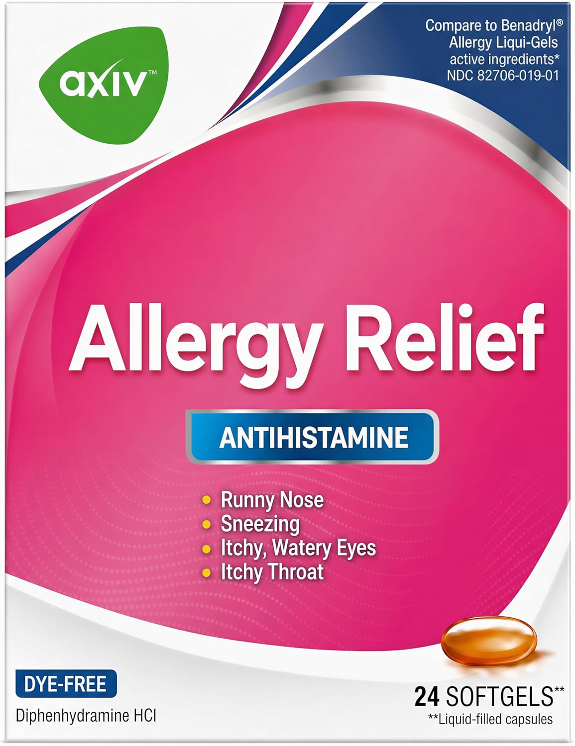 AXIV Allergy Relief Softgels, Antihistamine Medicine & Cold Symptom Relief, Dye-Free Liquid Gels, 25 mg Diphenhydramine HCl, Runny Nose, Sneezing, 24 Count (24 Softgels)