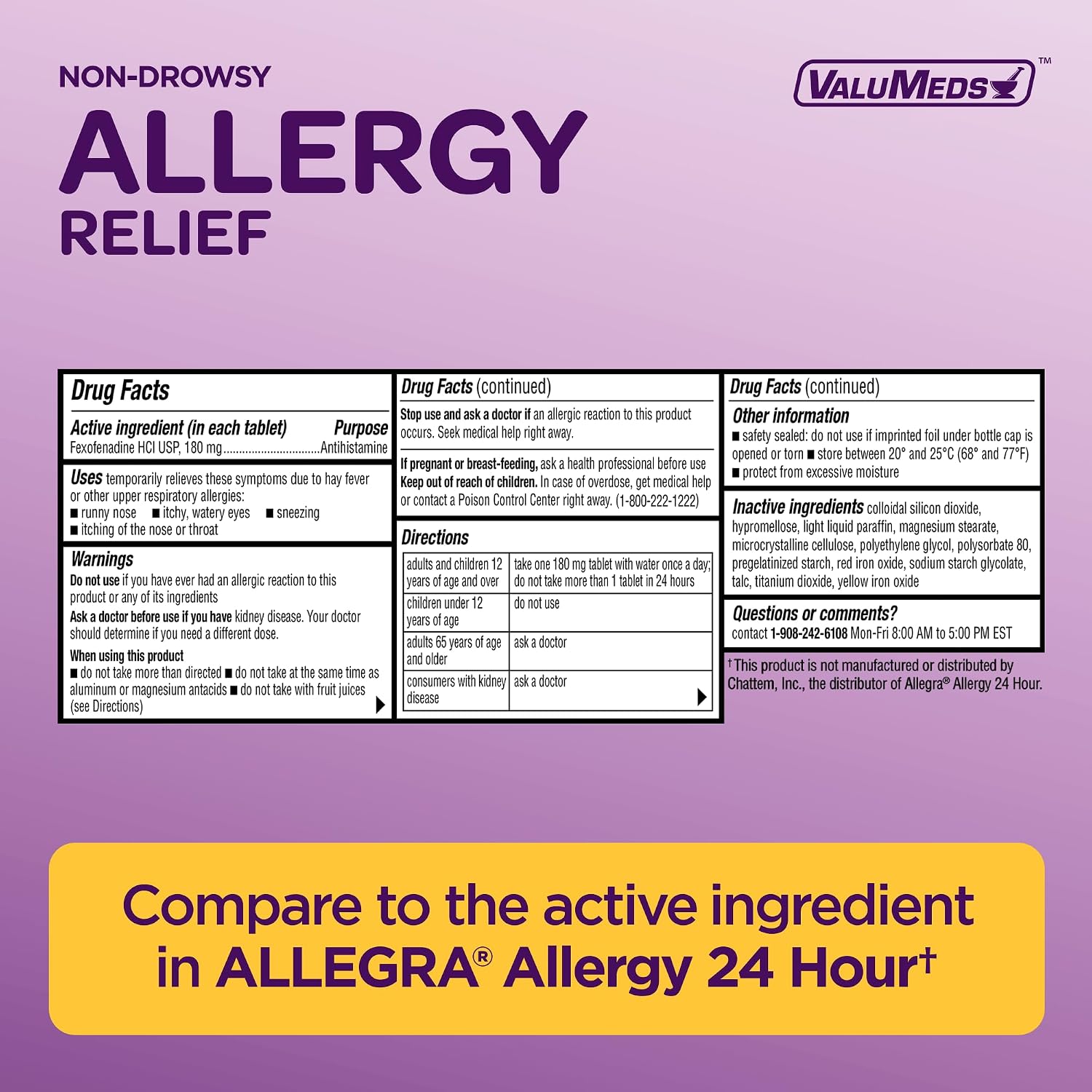 ValuMeds | Compare to Allegra | Fexofenadine HCl 180mg | 24-Hour Allergy Relief, Non-Drowsy Antihistamine Generic Medicine for Allergies, Hay Fever, Itchy Eyes | for Kids & Adults (100 Count) - Image 7