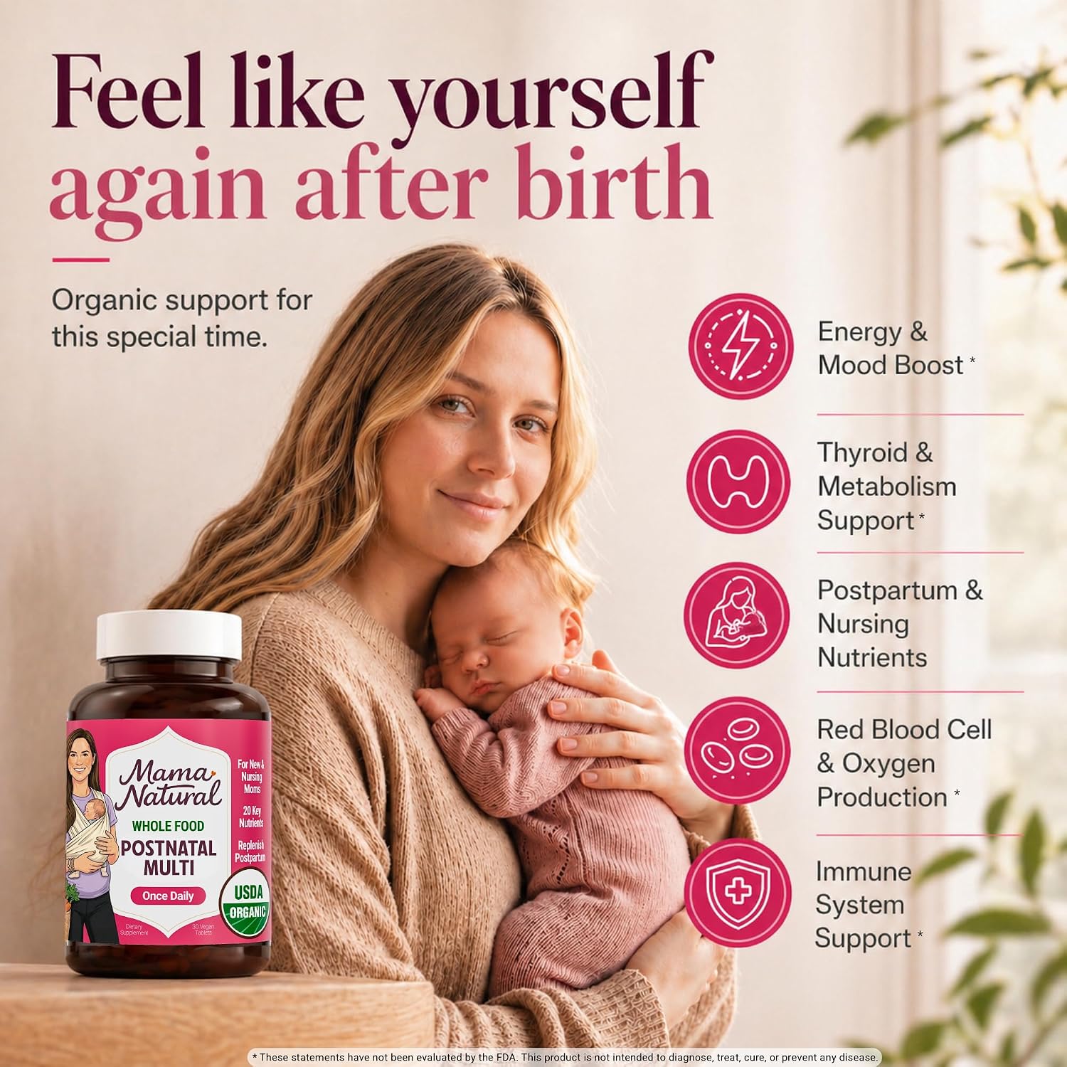 Mama Natural Organic Postnatal Vitamins for Women | One A Day Whole Food Postnatal Multivitamin for Breastfeeding & Postpartum Support | Non-GMO with Iron, Iodine & Moringa | 30 Servings - Image 2