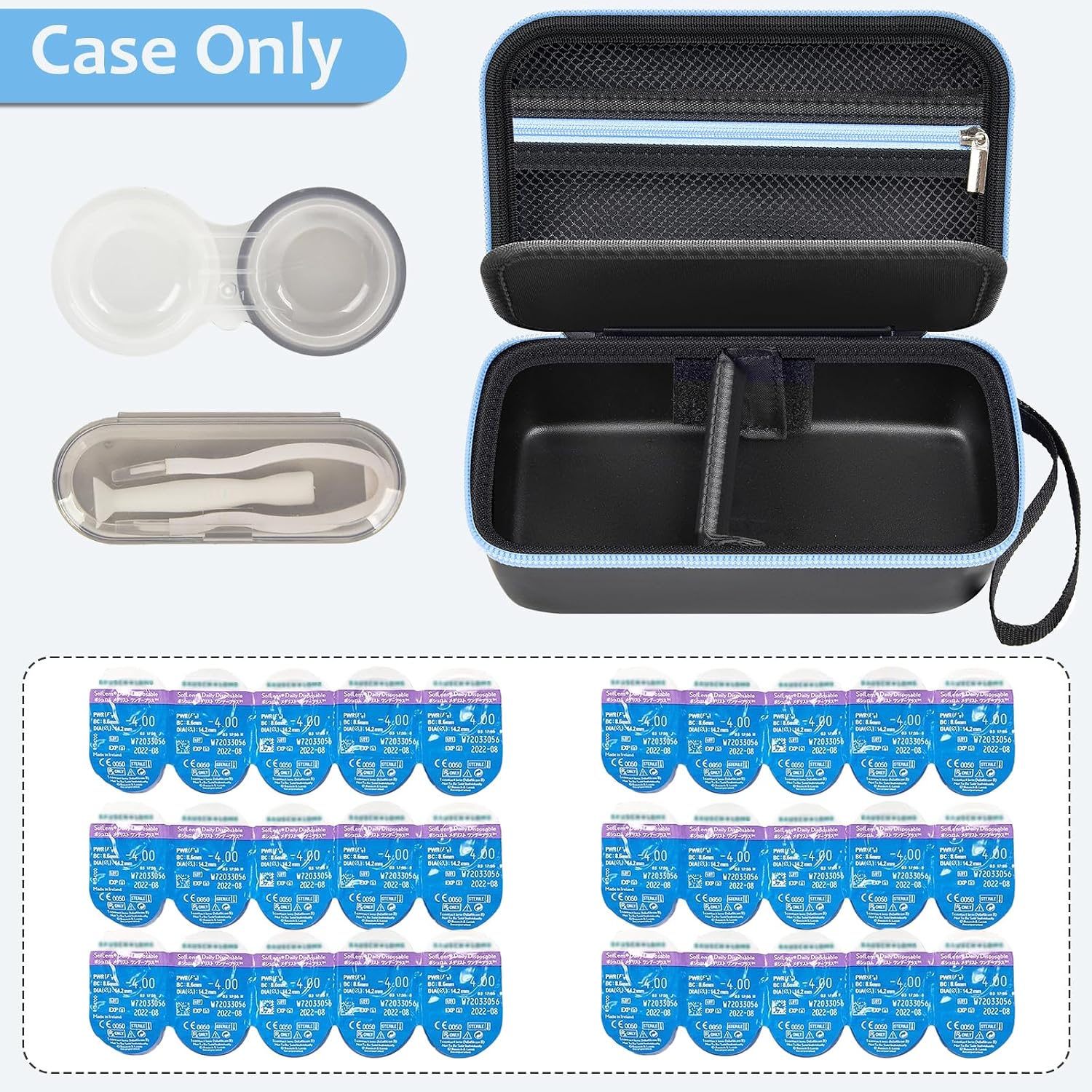 GWCASE Daily Contact Lens Case Organizer for 30+ Disposable Contact Lenses | Hard EVA, Removable L/R Divider, Mesh Pocket for Travel Contact Solution/ Accessories, Travel and Daily Use, Black, Bag Only - Image 2