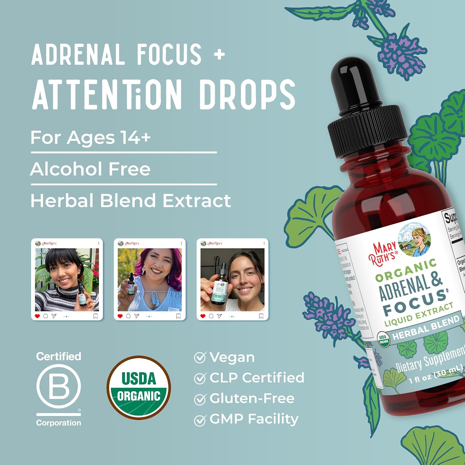 MARYRUTH'S Adrenal & Focus Drops | Supplement for Focus & Stress Support | Adaptogenic & Nervine Herbs | Ginkgo Leaf, Astragalus Root, & More | Vegan | USDA Organic | CLP Certified | Non-GMO | 1 oz | Adaptogenic & Nervine Herbs, Ginkgo Leaf, Astragalus Root, & More, Vegan, USDA Organic, CLP Certified, Non-GMO, 1 oz - Image 8