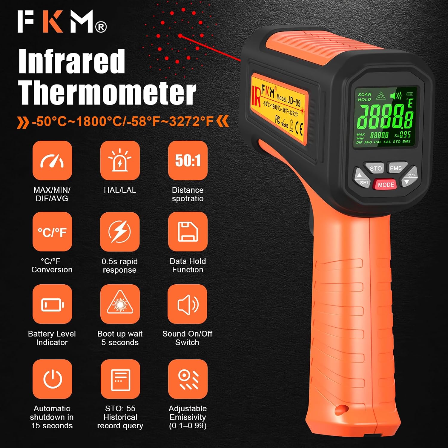 -58°F ~3272°F FKM Infrared Thermometer High Temperature Gun 50:1 Ratio | Digital IR Temp Gun,High Precision-Laser Thermometer Gun for Cooking,Kilns,Forges,Engine,HVAC,Industrial and Home Repair - Image 2