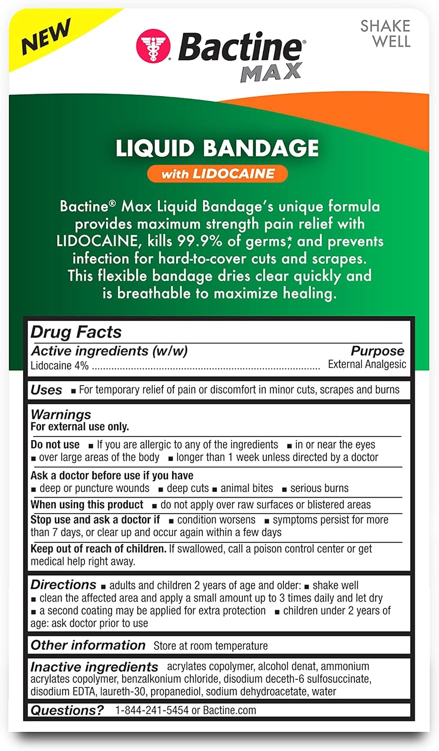 Bactine MAX Liquid Bandage with Lidocaine, Wound Cleaning Solution That Kills 99% of Germs, Covers and Protects Skin, Fast-Drying Protective Seal, 0.30 fl oz | Wound Cleaning Solution with Lidocaine, Covers and Protects Skin, Fast-Drying Protective Seal, No Sting - Image 2