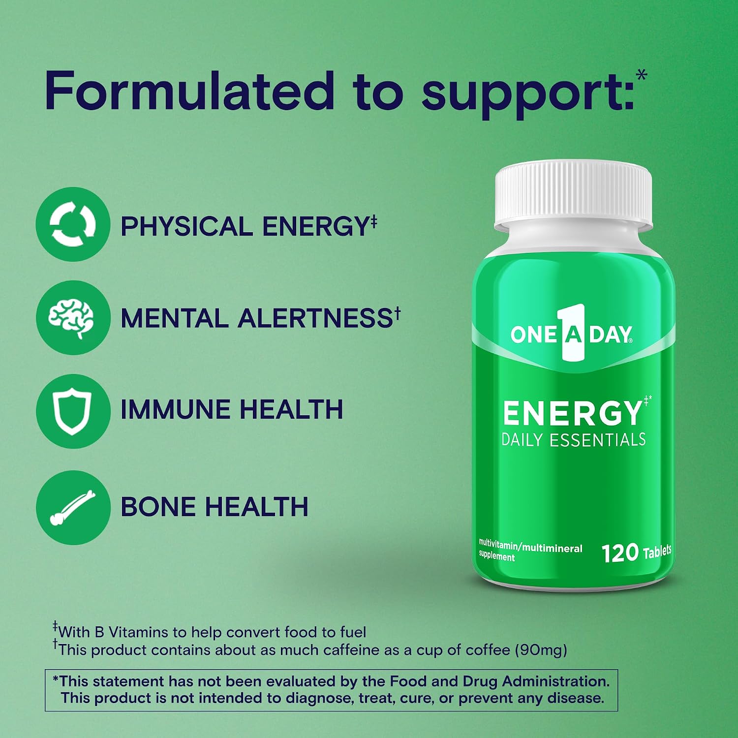 One A Day Energy Daily Essentials Multivitamin, Energy Supplement to Support Mental Alertness and Immune Health with Vitamins A C, D, E, Zinc and Caffeine, 120 Count - Image 3