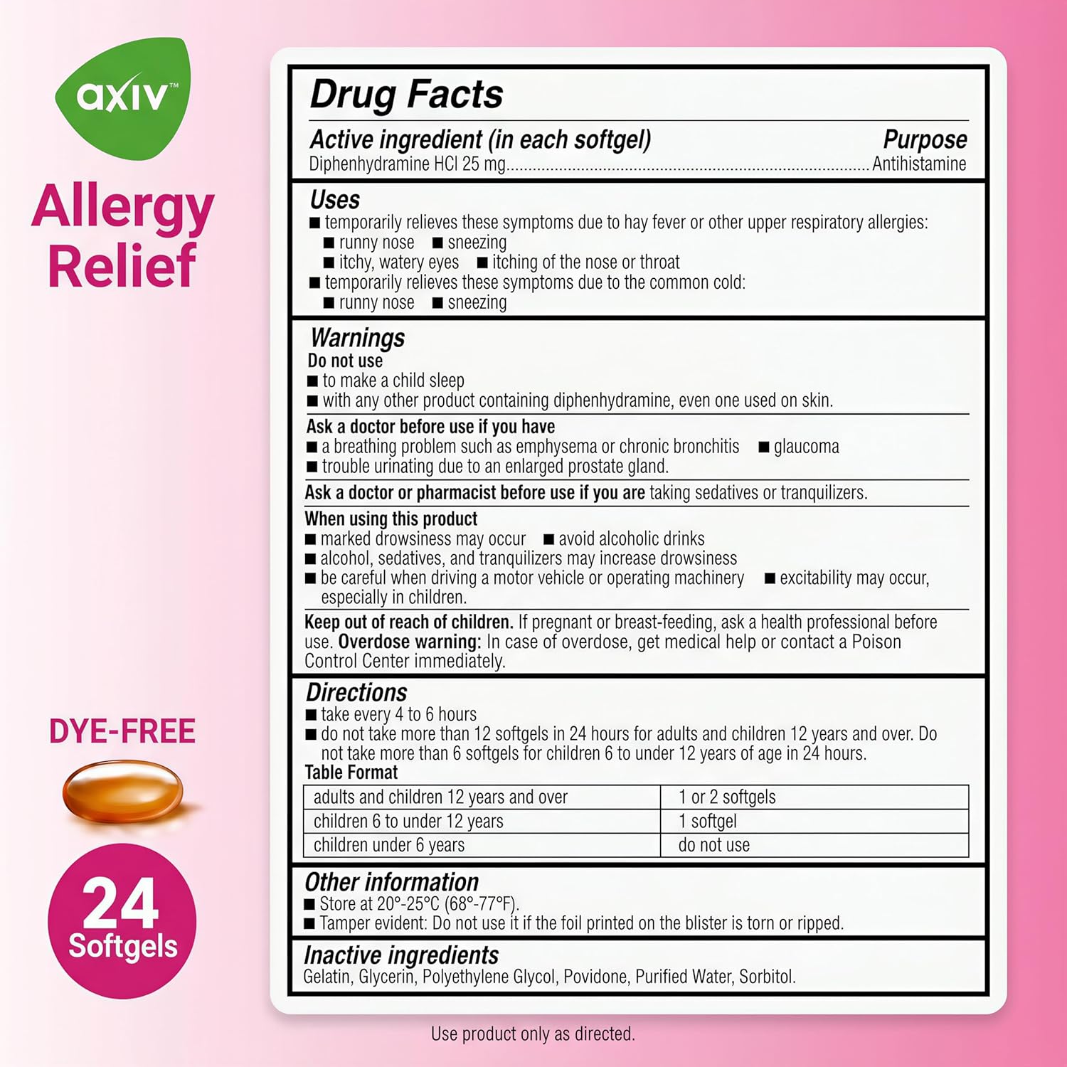 AXIV Allergy Relief Softgels, Antihistamine Medicine & Cold Symptom Relief, Dye-Free Liquid Gels, 25 mg Diphenhydramine HCl, Runny Nose, Sneezing, 24 Count (24 Softgels) - Image 2