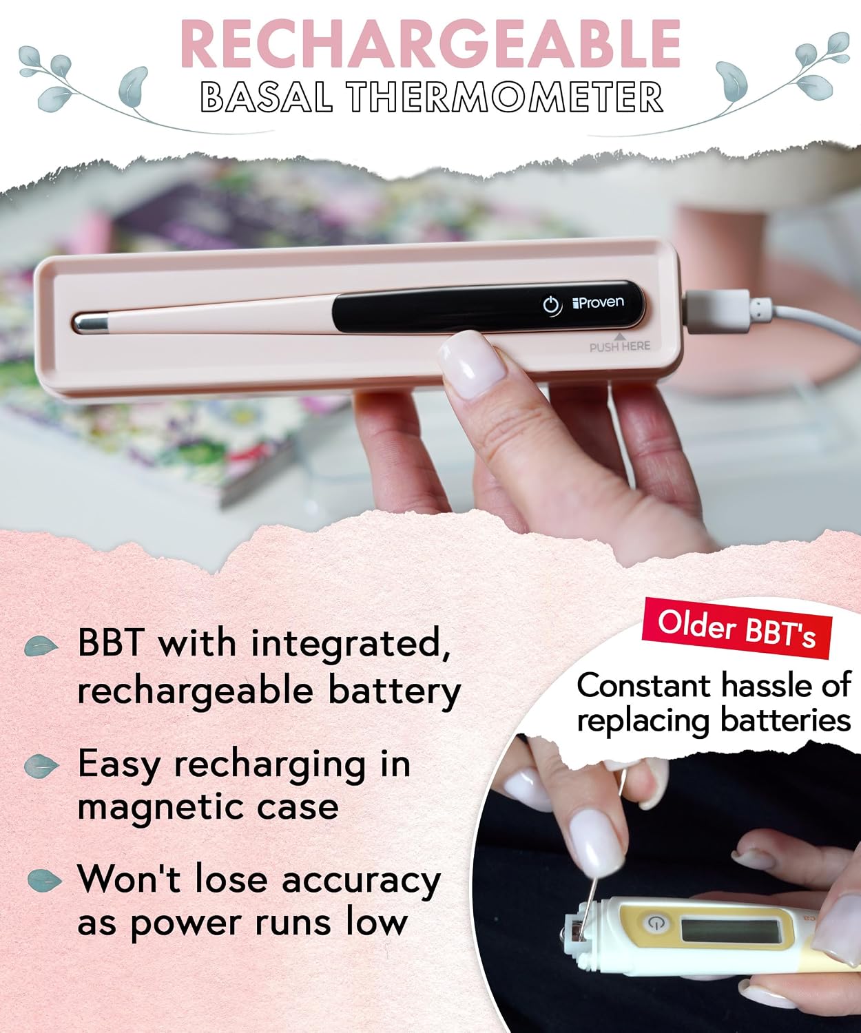 iProven Rechargeable Basal Body Thermometer, 0.01° Precision, Silent Buzz | Accurate 70-Sec Readings, Backlit Display, Last Memory Recall, BBT Thermometer for Natural Ovulation Tracking - Image 2
