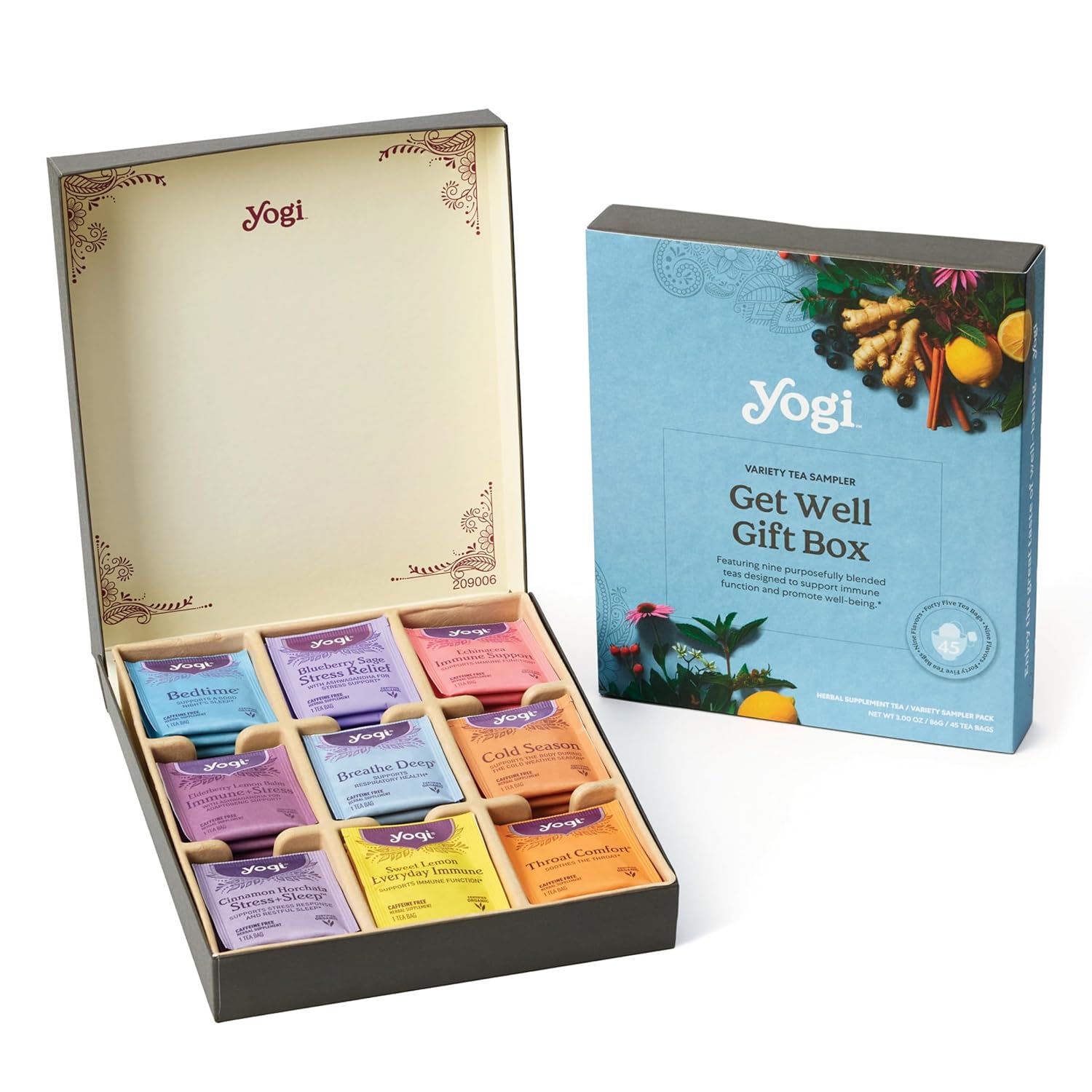 Yogi Get Well Gift Box, 45 Tea Bags (5 Bags per Flavor) | Caffeine-Free Wellness and Immunity Variety Pack with 9 Delicious Herbal Teas, a Thoughtful Tea Gift Set