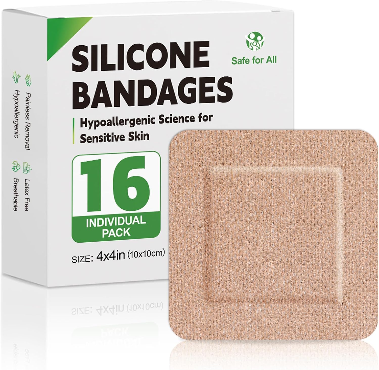 16 Pack Silicone Bandages for Sensitive Skin, 4x4 Latex Free Hypoallergenic Breathable Adhesive Bandage with Gentle Border, Large Wound Care Patches with Easy Painless Removal