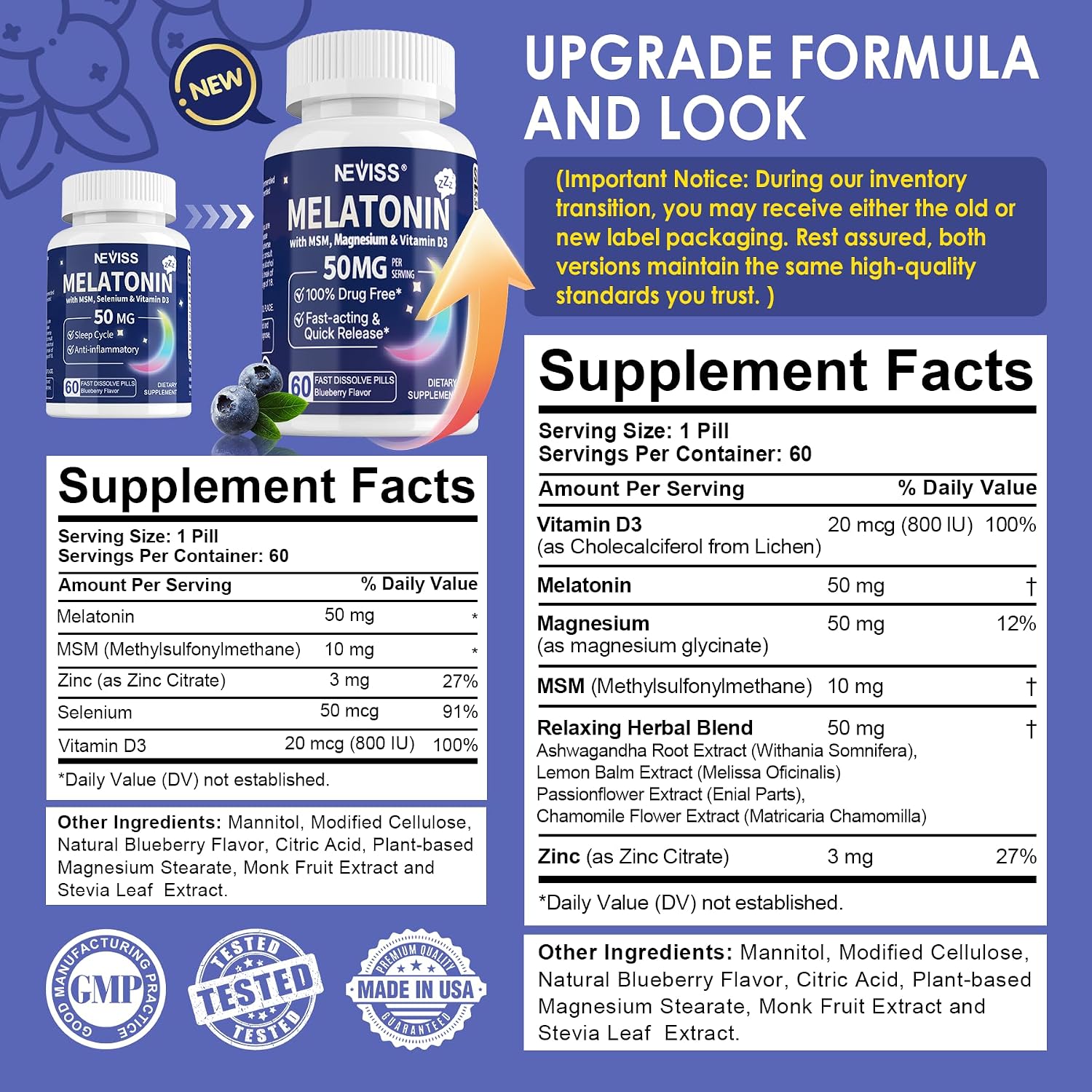 NEVISS Melatonin 50 mg for Adults - Extra Strength 9-in-1 Fast Dissolve Sublingual - High Dose with Magnesium Glycinate, Vitamin D3, Ashwagandha, Lemon Balm, Chamomile, Sugar Free,Vegan 120 Tablets - Image 2