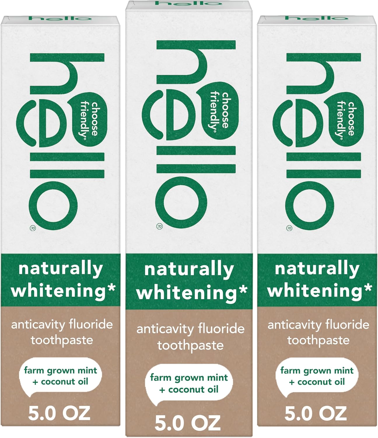 Hello Naturally Whitening Anticavity Fluoride Toothpaste, 5 Oz Tube, Natural Whitening Toothpaste with Coconut Oil, Whitens Naturally and Helps Remove Surface Stains, SLS Free, Vegan, Mint, 3 Pack | Anticavity Fluoride Toothpaste with Coconut Oil, Helps Remove Surface Stains, Strengthens Enamel, SLS Free, Vegan