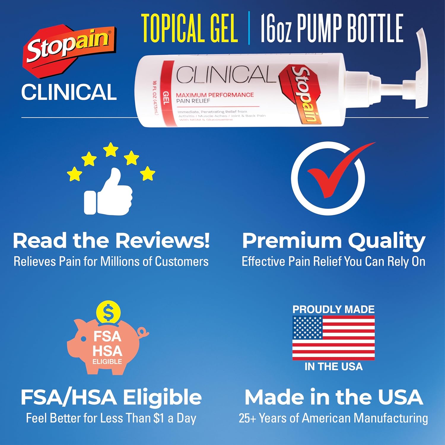 Stopain Clinical Pain Relief Gel 16 oz, Maximum Strength, Arthritis, Back | Maximum strength topical pain relief gel for arthritis and everyday aches, applied right where it hurts - Image 5