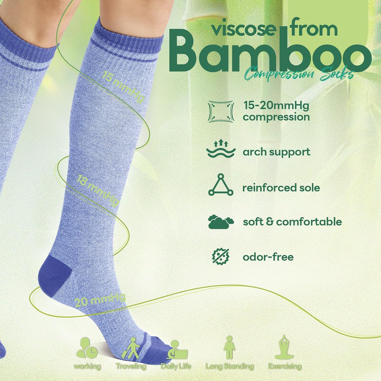 Compression Socks Women & Men, 15-20 mmHg Bamboo Viscose Knee High Soft Support for Flying Travel Daily - Image 5